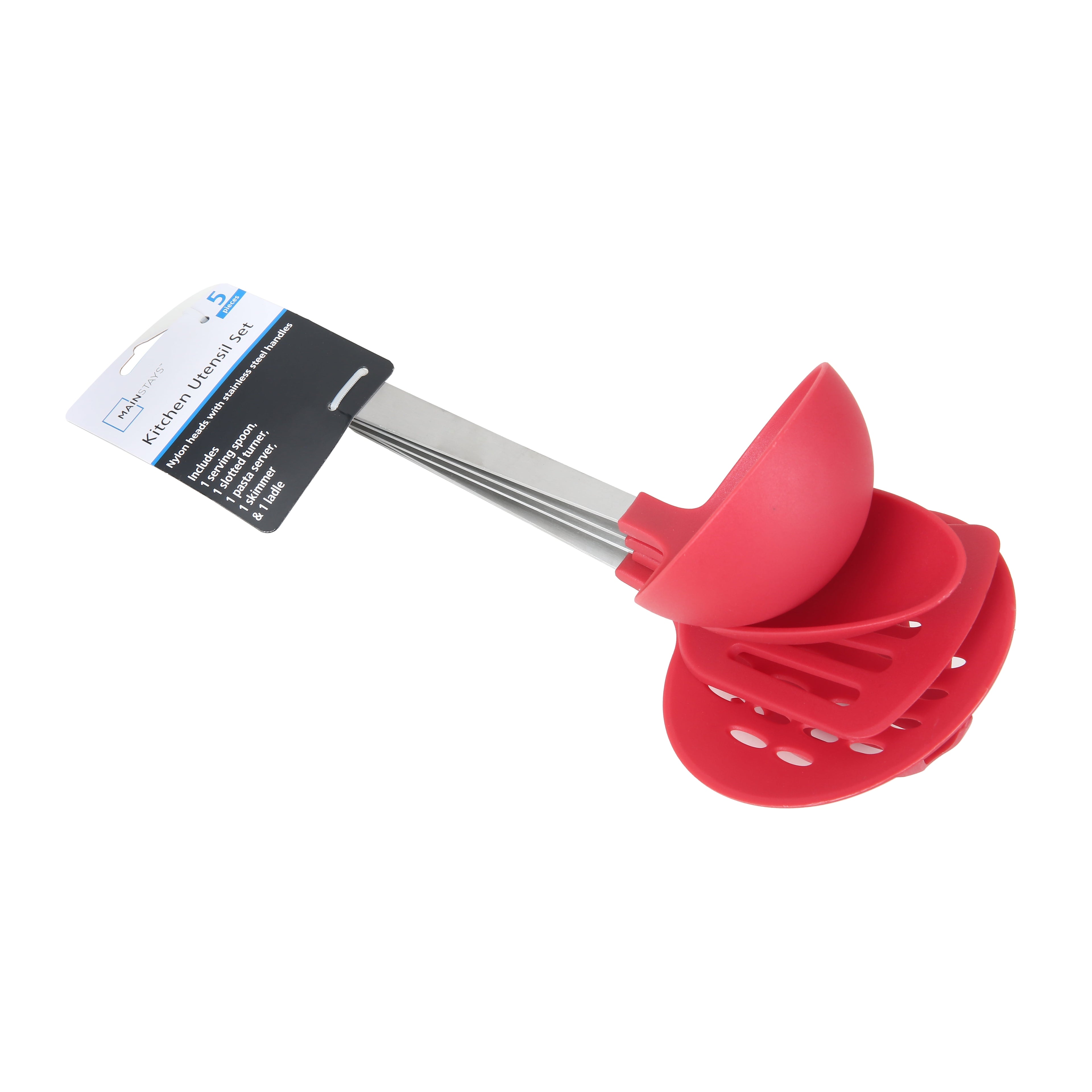 Stainless Steel and Nylon Kitchen and Cooking Utensil Set, Spoon, Spatula, Ladle, Pasta Spoon and Skimmer Assorted Colors