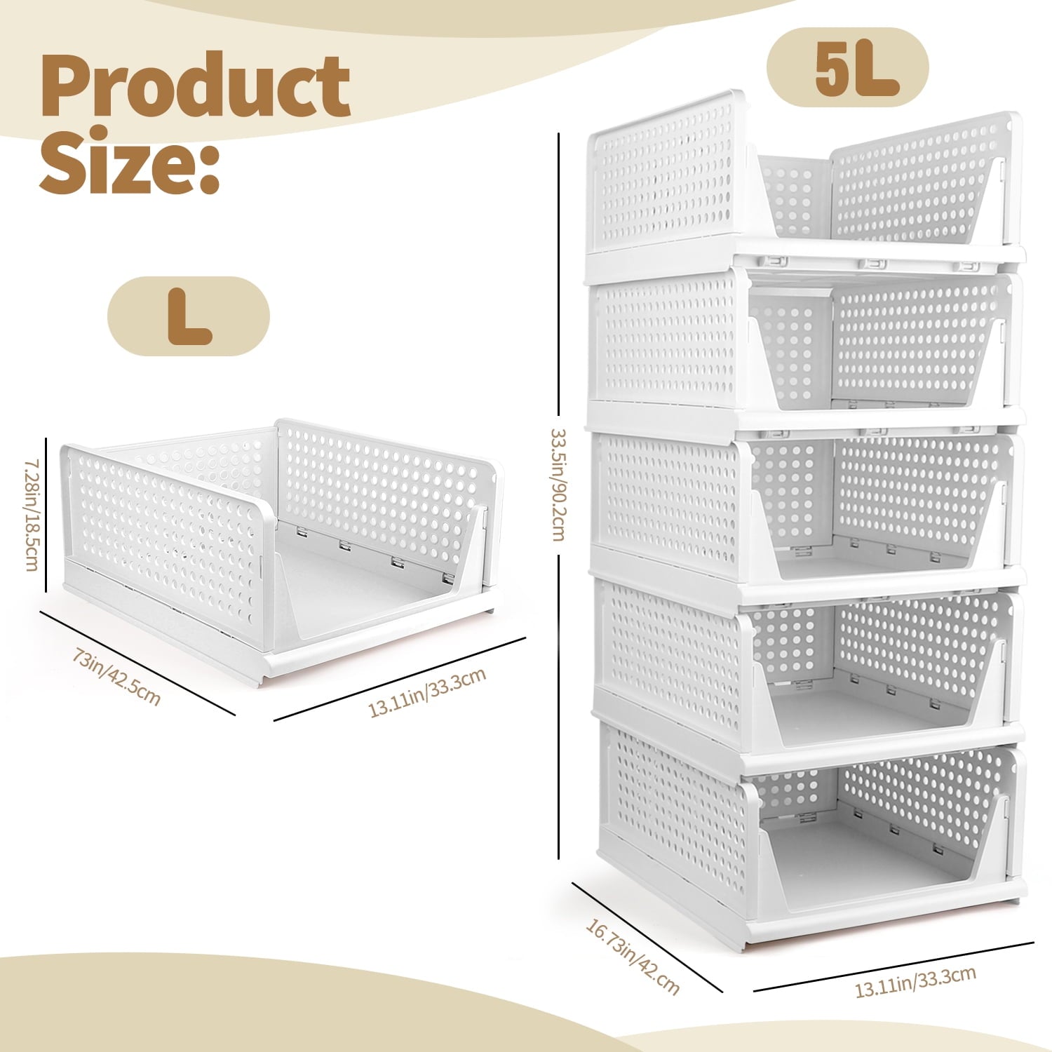 5 Pack Closet Storage Basket, Multifunctional Closet Organizer for Kitchen Bathroom Laundry Room Wardrobe Storage, Clothes Storage Drawer Organizer, White