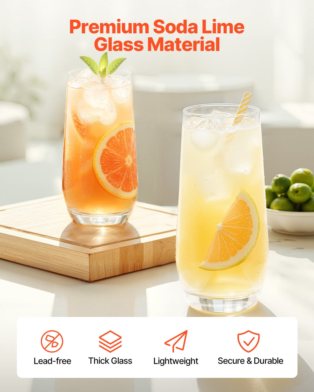 VEVOR Drinking Glasses Set, 16-Piece Crystal Glass Cups, Elegant Mixed Glassware Set, with 8 Pcs 18.26 Oz Highball and 8 Pcs 11.5 Oz Cocktail Drinkware for Kitchen, Beer,Smoothie,Juice,Soda,Wine