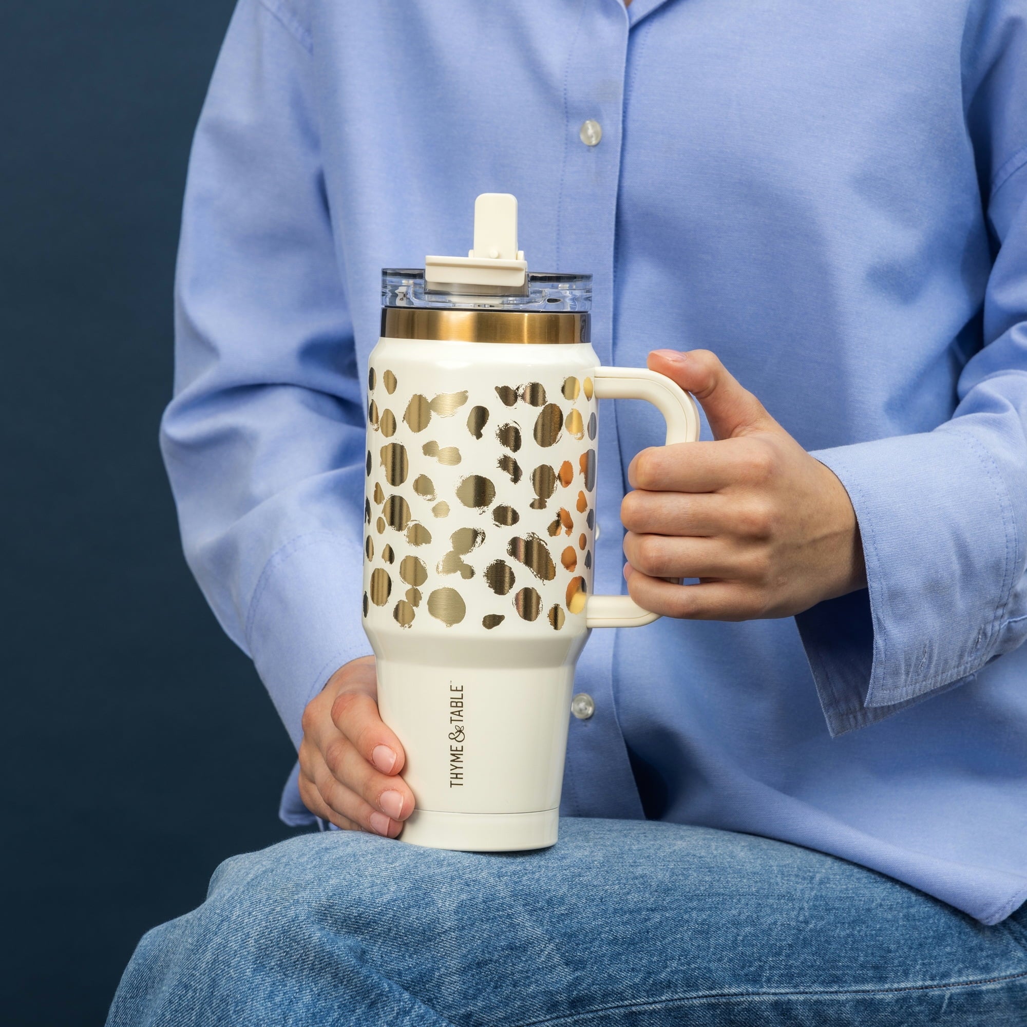 Thyme &amp; Table 32 fl oz Stainless Steel Luna Tumbler with Handle and Dual Straw Lid, Cream &amp; Black Check