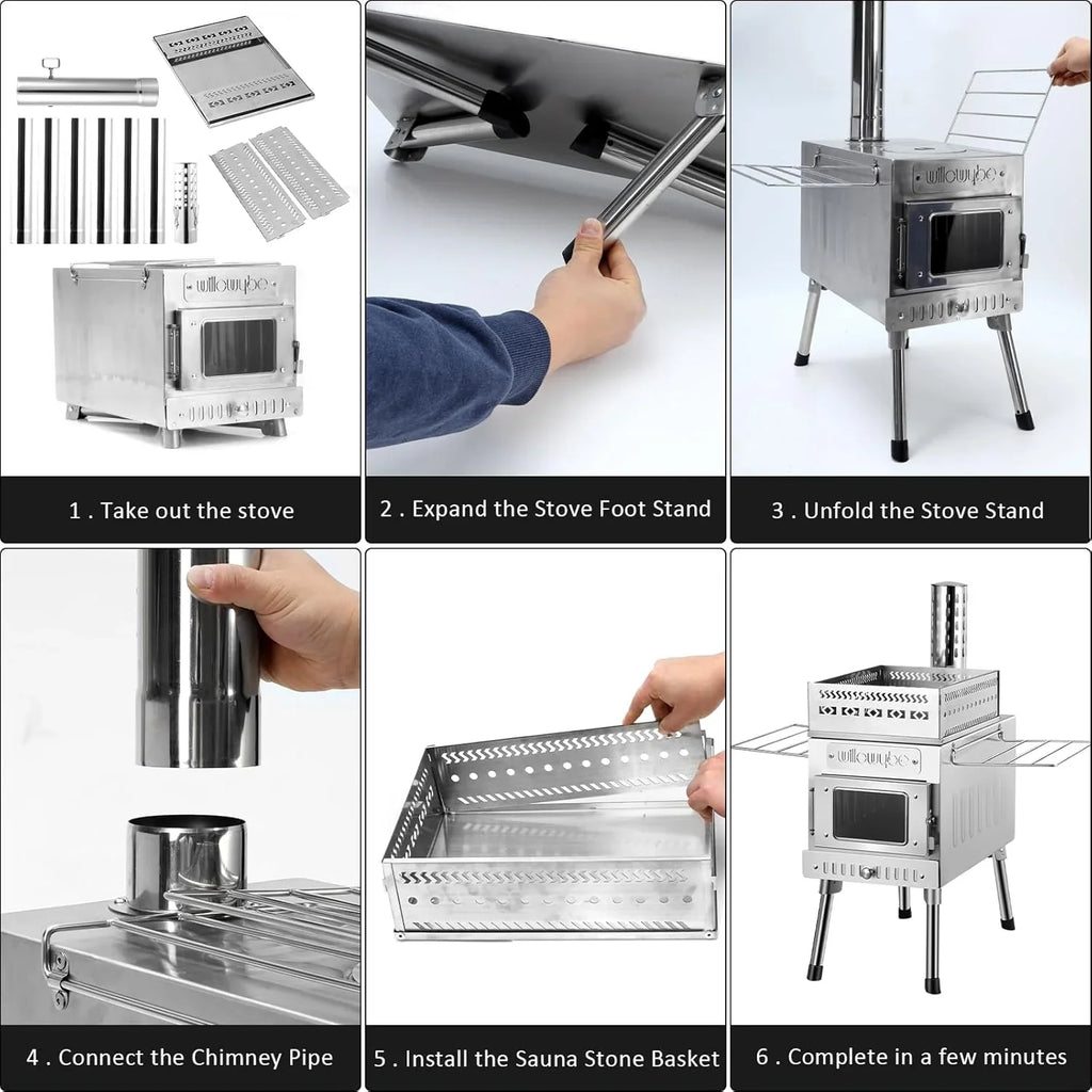 Outdoor sauna hot water tent stove, rocket-type heater, portable camping wood stove, cooking equipment for dry sauna, cooking tools suitable for husbands and friends