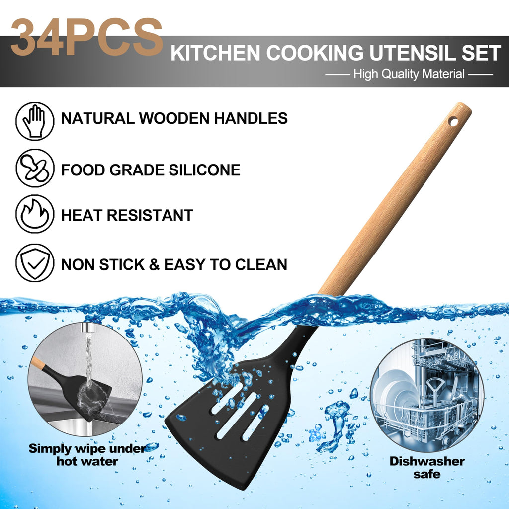 43Pcs Silicone Cooking Utensils Set - 446°F Non-Stick Kitchen Utensils, Kitchen Utensil Gadgets Tools Set for Baking, Cooking, and Mixing, (BPA Free)(Black)