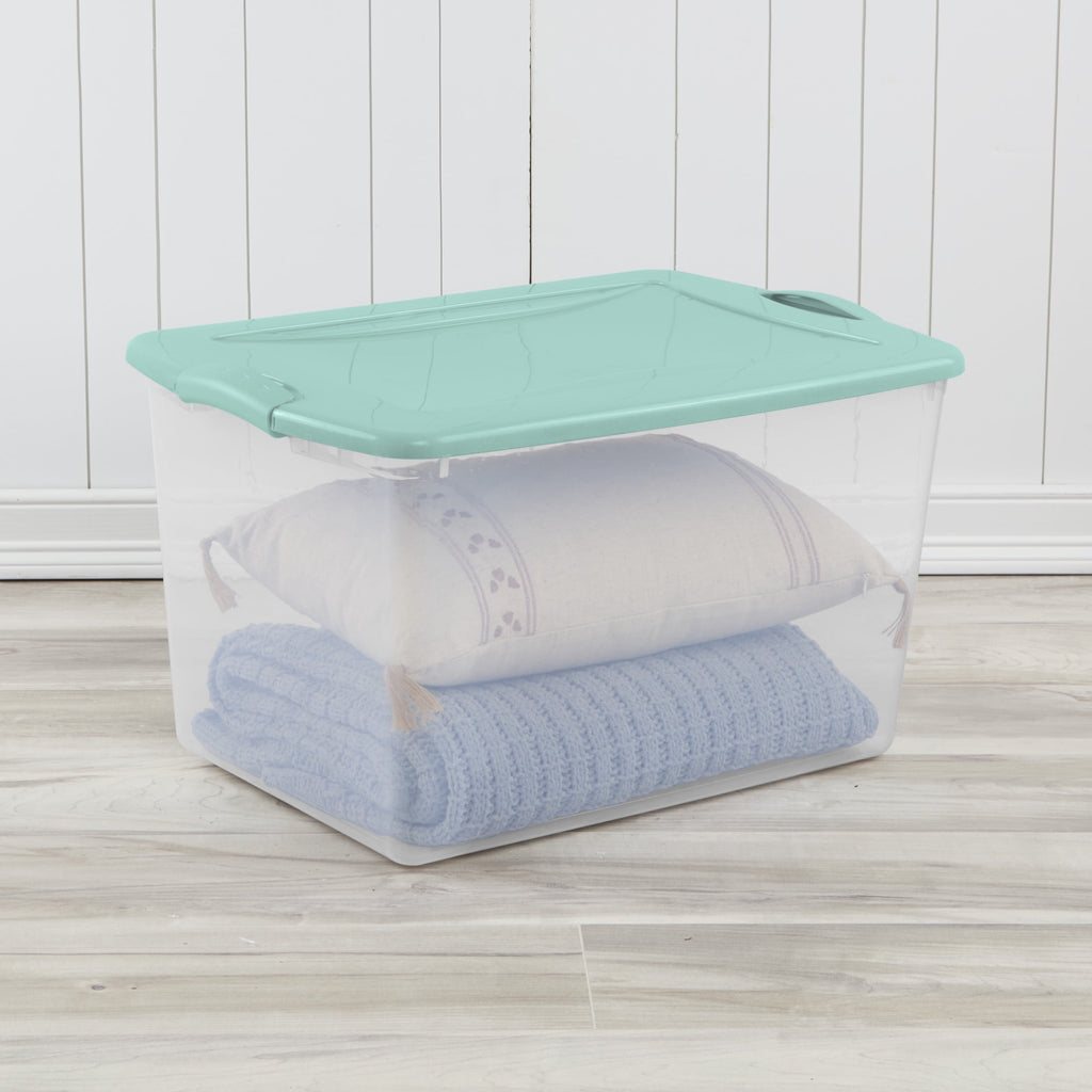 66 Quart Large Latching Storage Bin, Clear Plastic Storage Container with Latch Lid, Blue