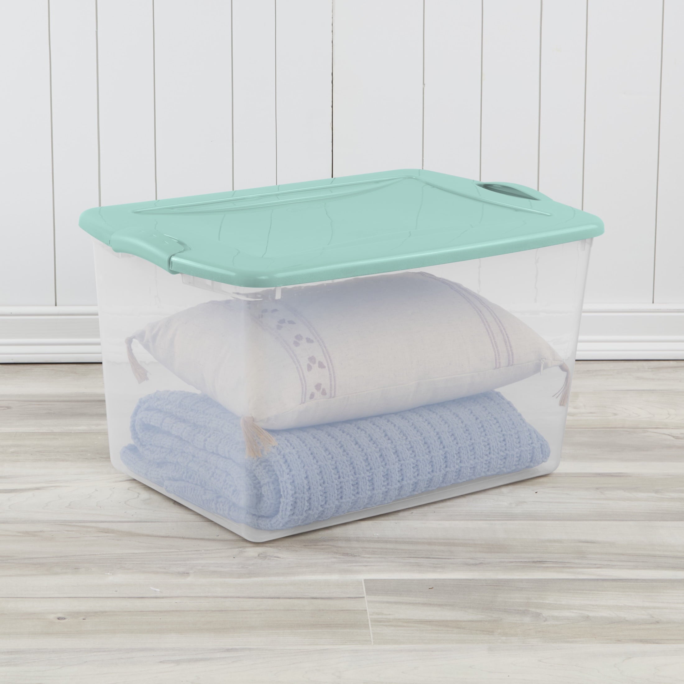 66 Quart Large Latching Storage Bin, Clear Plastic Storage Container with Latch Lid, Blue