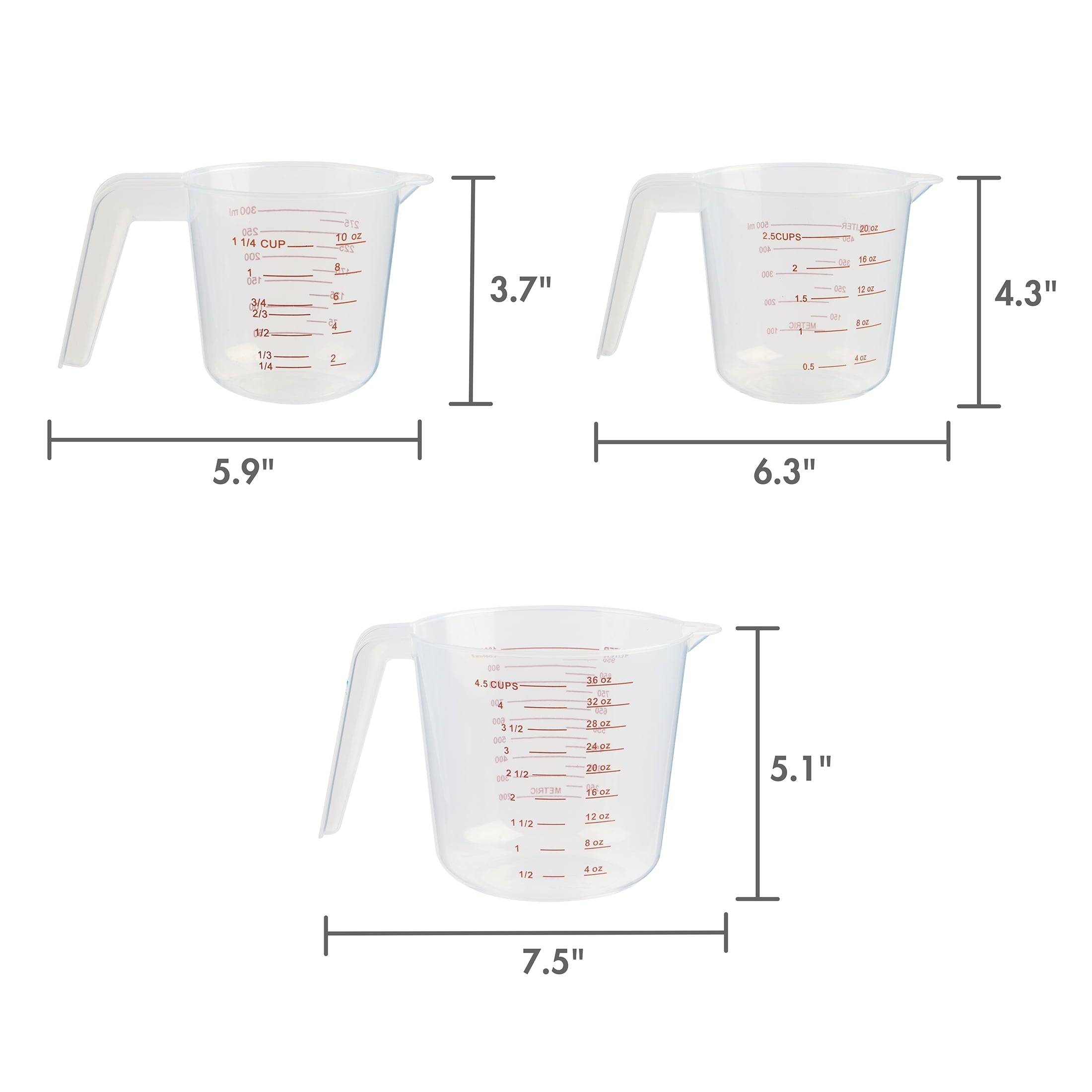 3-Piece Tapered Spout Nesting Plastic Measuring Cups Set, Clear