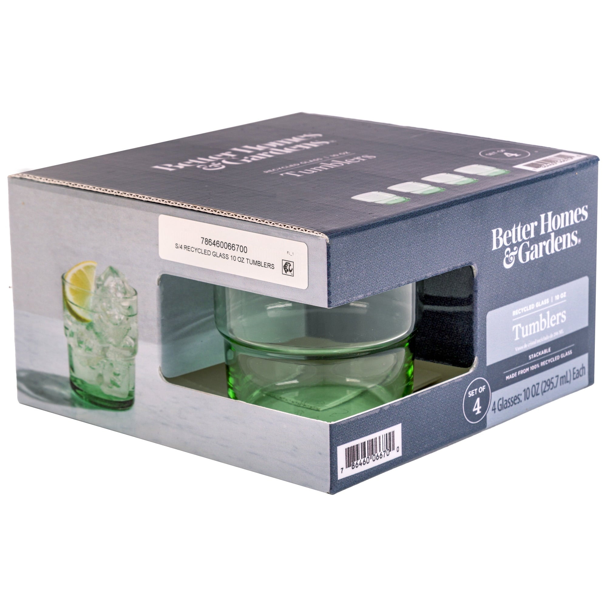 Better Homes &amp; Gardens Recycled Green Glassware, Glass, 4 Pack, 10 oz