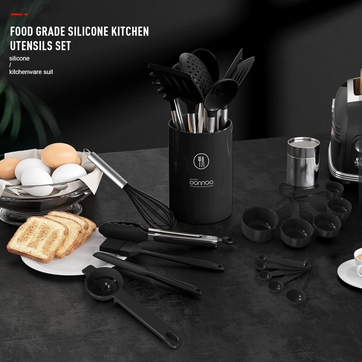 Large Silicone Cooking Utensils Set - Kitchen Utensils,Turner Tongs,Spatula,Spoon,Brush,Whisk,Stainless Steel Silicone Cooking Tool for Nonstick Cookware, (Khaki)