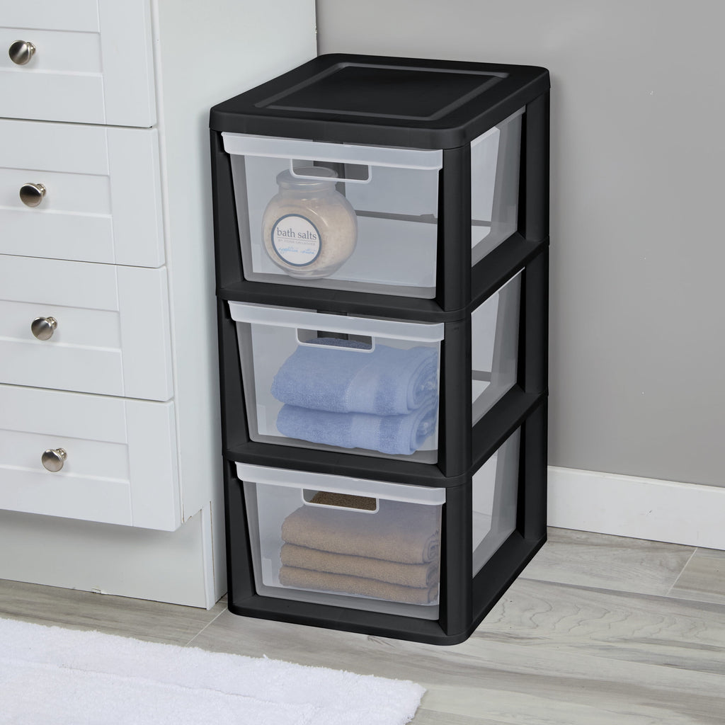 Medium 3 Drawer Tower, with Removable Clear Plastic Storage Bins, Tool-Free, Black