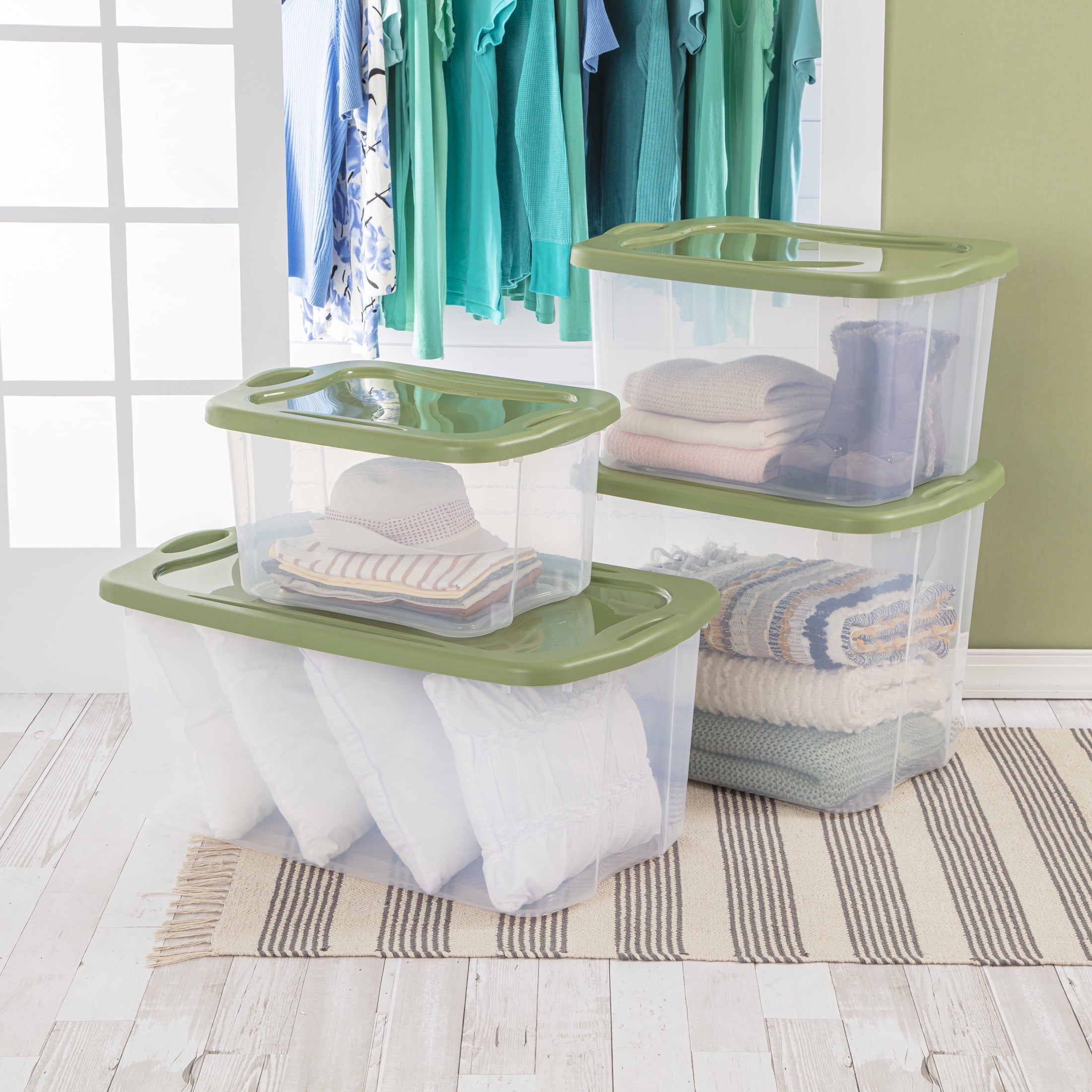 EZ Carry 95 Quart Extra-Large Storage Bin, Clear Plastic Storage Container with Full-Grip Handles, Green