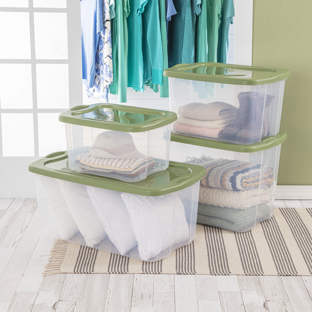 EZ Carry 40 Quart Medium Storage Bin, Clear Plastic Storage Container with Full-Grip Handles, Green