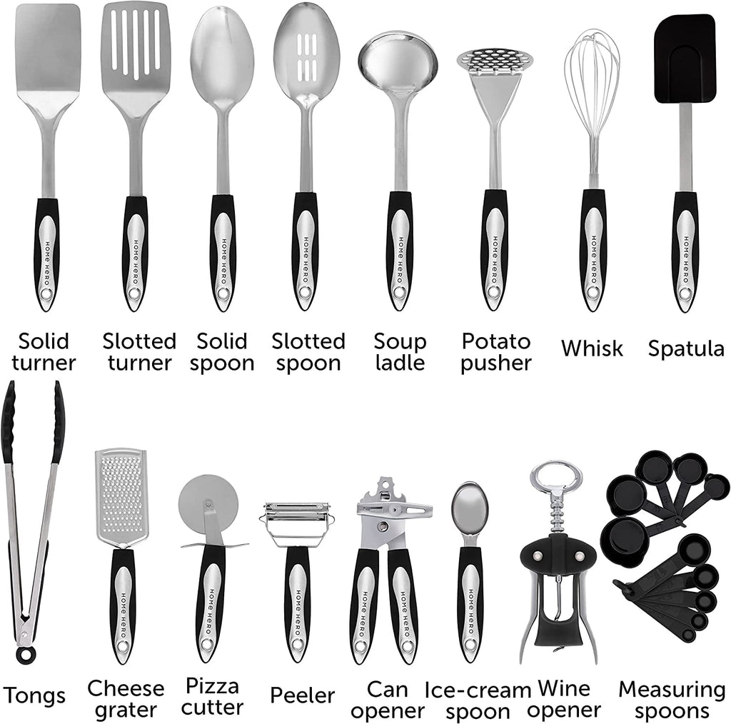 25 Pcs Silicone Spatula Kitchen Utensils Set - Stainless Steel and Nylon, Black