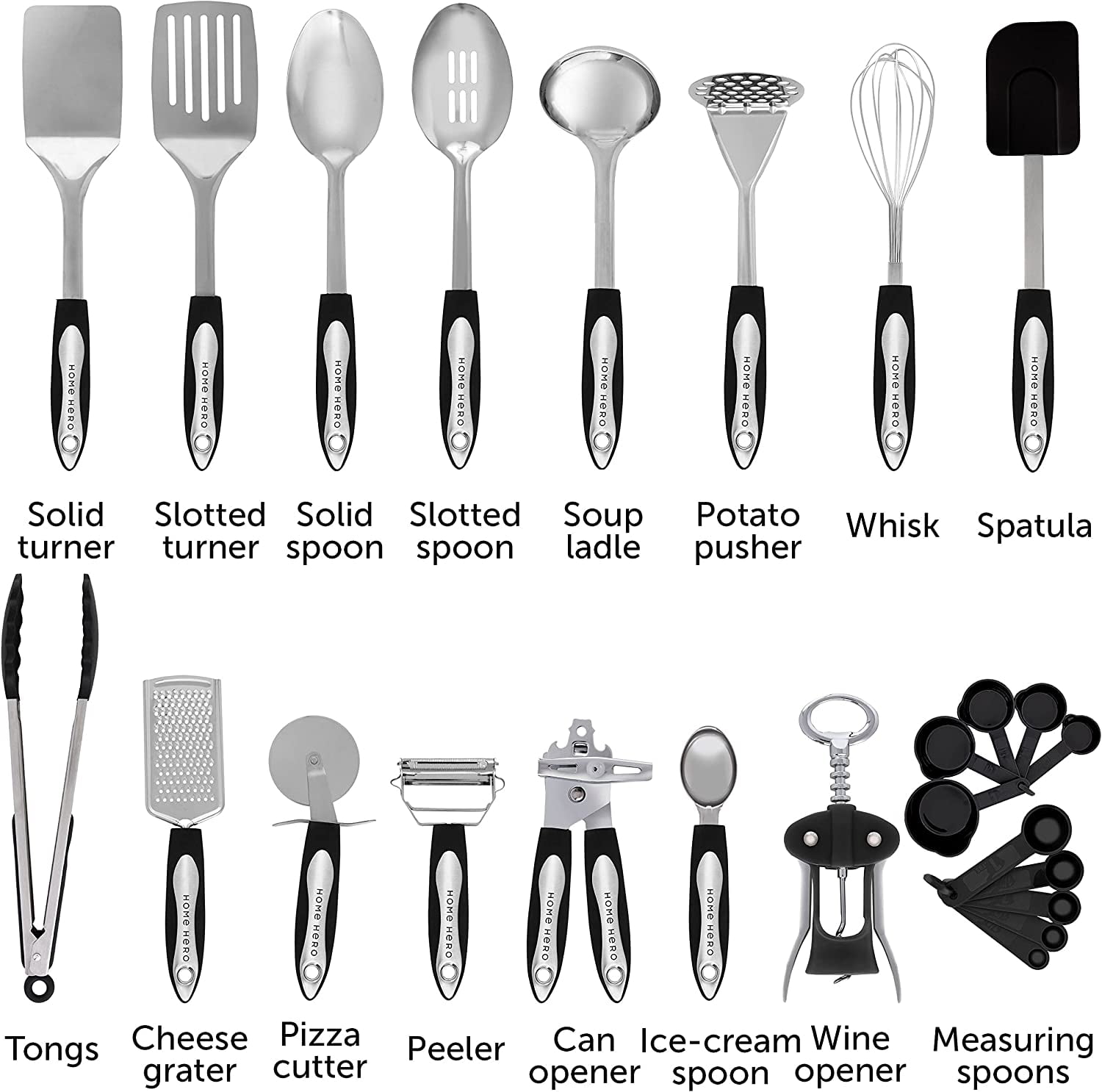 25 Pcs Silicone Spatula Kitchen Utensils Set - Stainless Steel and Nylon, Black