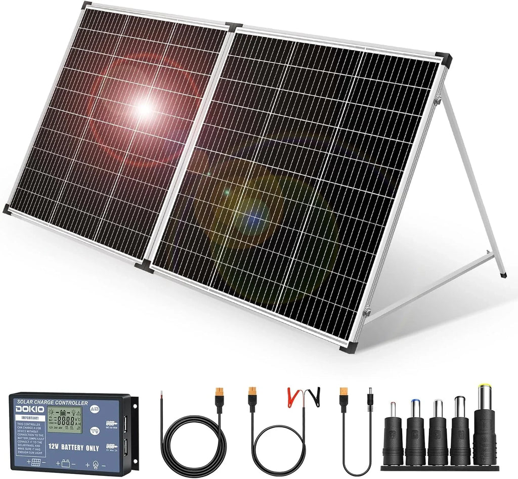 Foldable solar panel - 18-volt monocrystalline silicon type, portable foldable solar suitcase, equipped with a controller, used to charge 12-volt batteries (all lead-acid types: ventilated AGM gel): suitable for RV camping, sailing (200 watts)