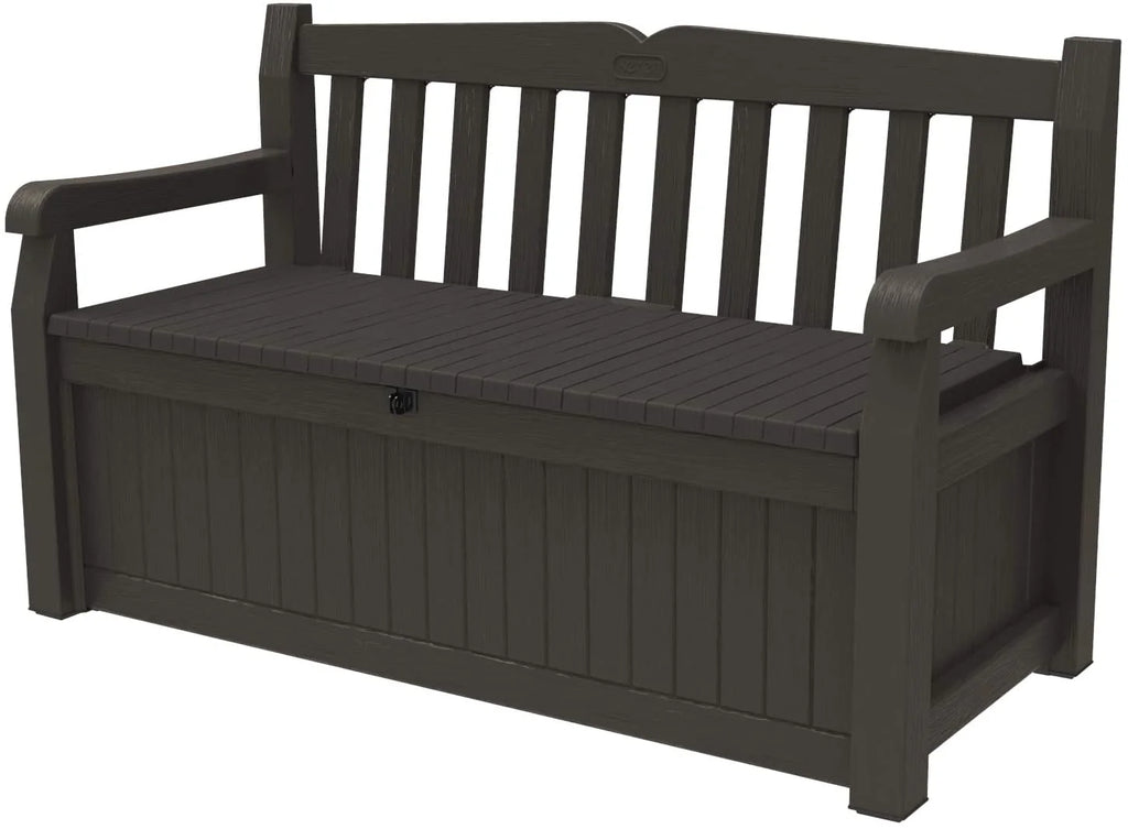 70 Gallon Storage Bench Deck Box for Patio Furniture, Front Porch Decor and Outdoor Seating �� Perfect to Store Garden Tools and Pool Toys, Brown