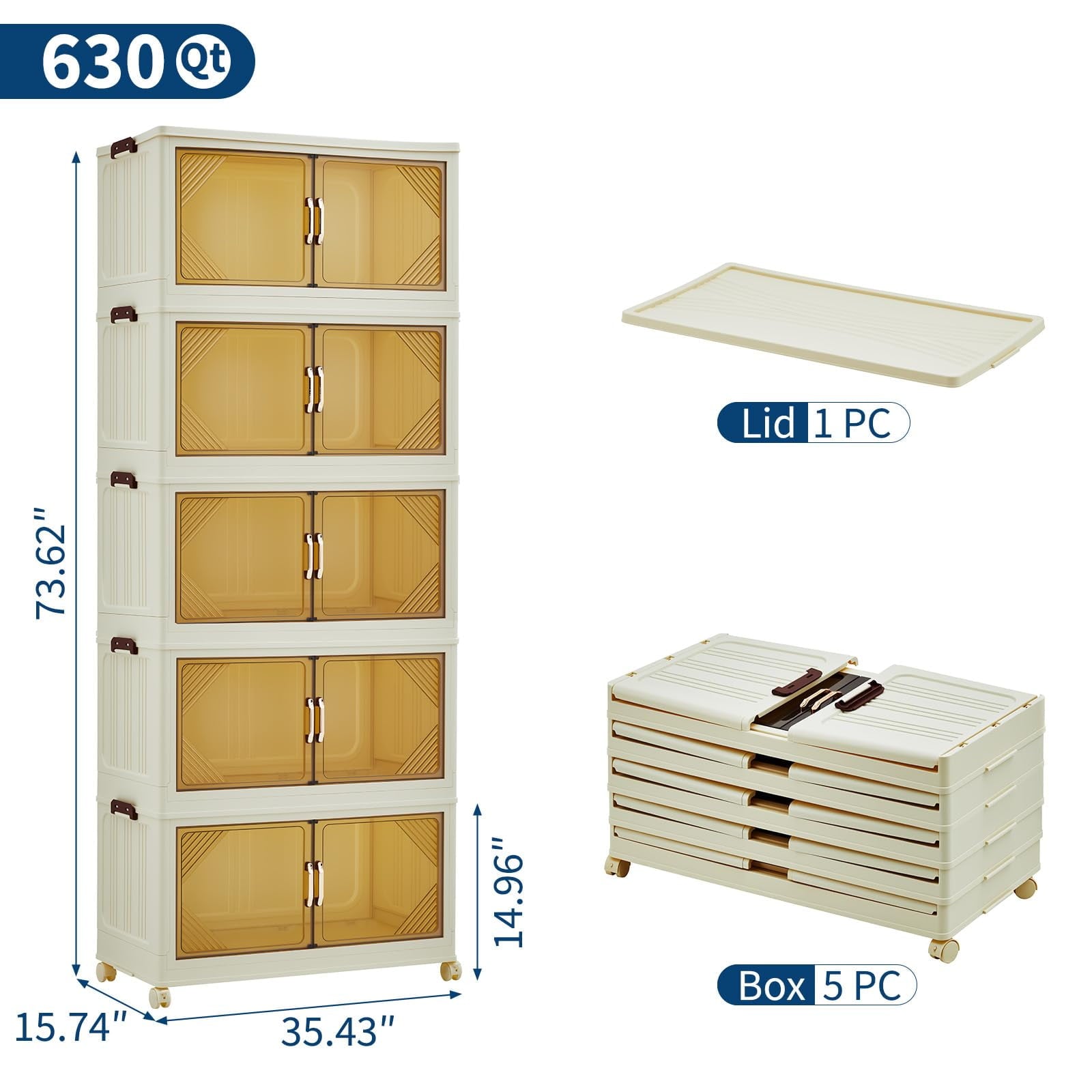 3 Tier Plastic Storage Bins with Lid 48QT, Storage Containers with Wheels, Folding Storage Boxes, with Magnetic Doors for Home,Office, Dorm Room