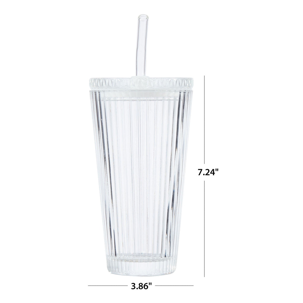 Better Homes &amp; Gardens Glass 21oz Tumbler Ribbed with Glass Lid and Straw