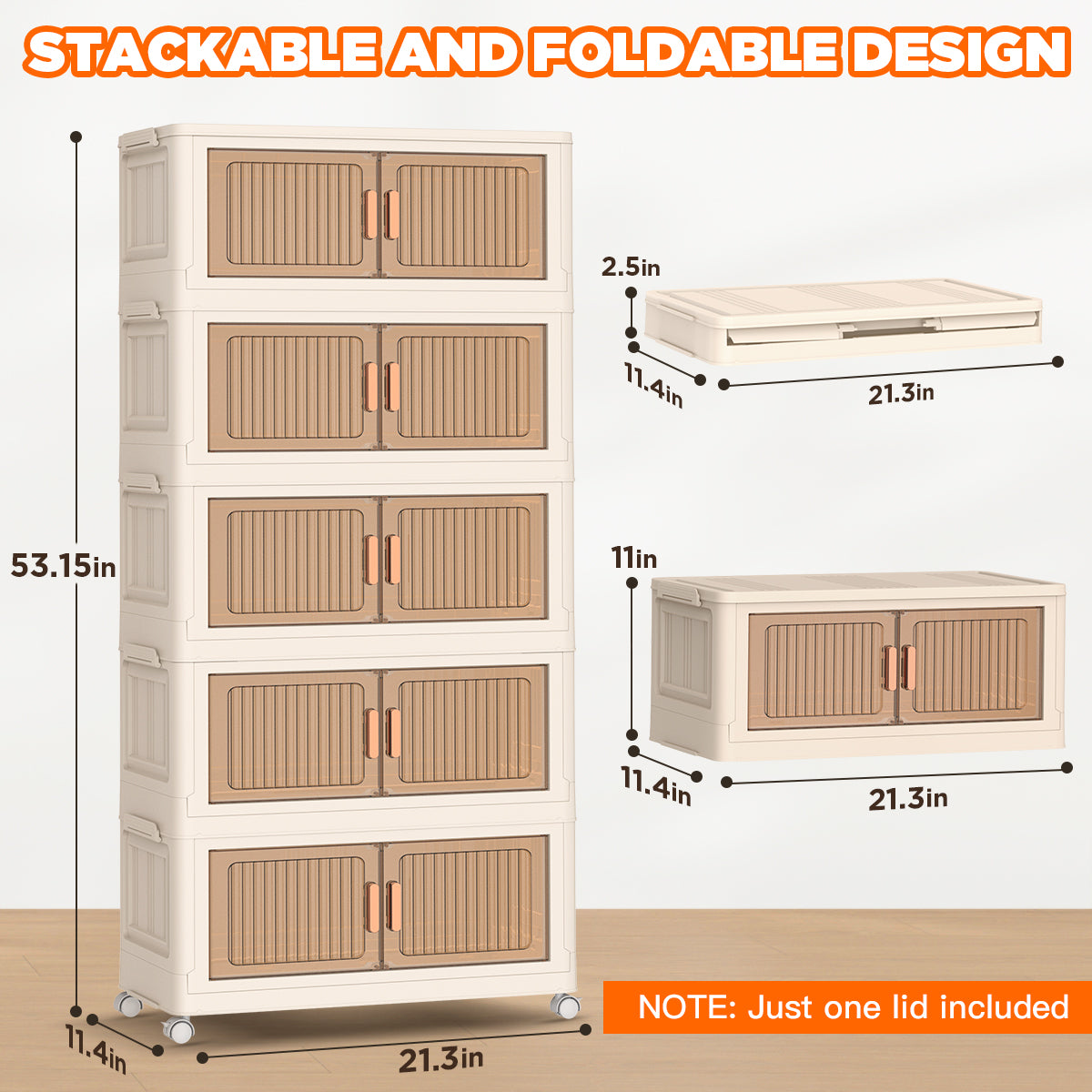 5 Tiers Storage Bins with Wheels, Magnetic Dual Open Collapsible Storage Container with Lids, 125QT Folding Storage Box Bins for Closet Organizers, Home and Office, Beige