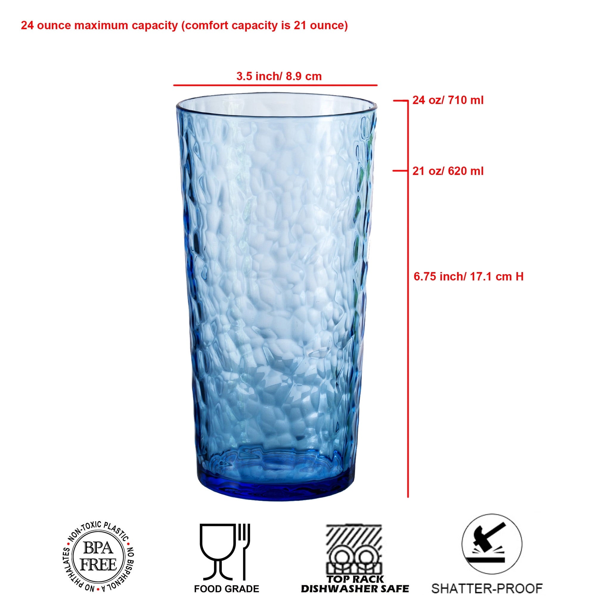 Hammered 24 ounce Plastic Drinking Tumbler Acrylic Glasses, Set of 8 Multicolor