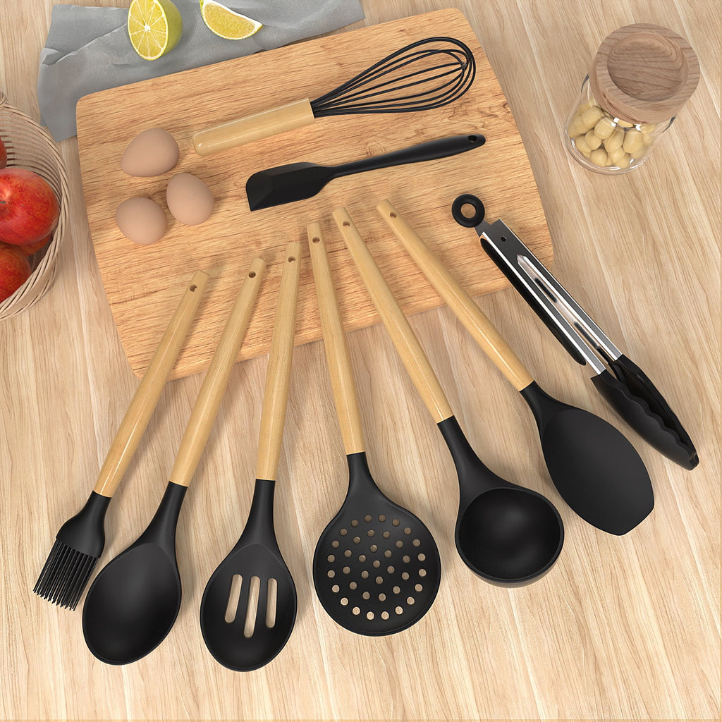 Silicone Cooking Utensils Set - 446°F Silicone Kitchen Utensils for Cooking,Kitchen Utensil Spatula Set w Wooden Handles and Holder, BPA FREE Gadgets for Non-Stick Cookware (Navy Blue)