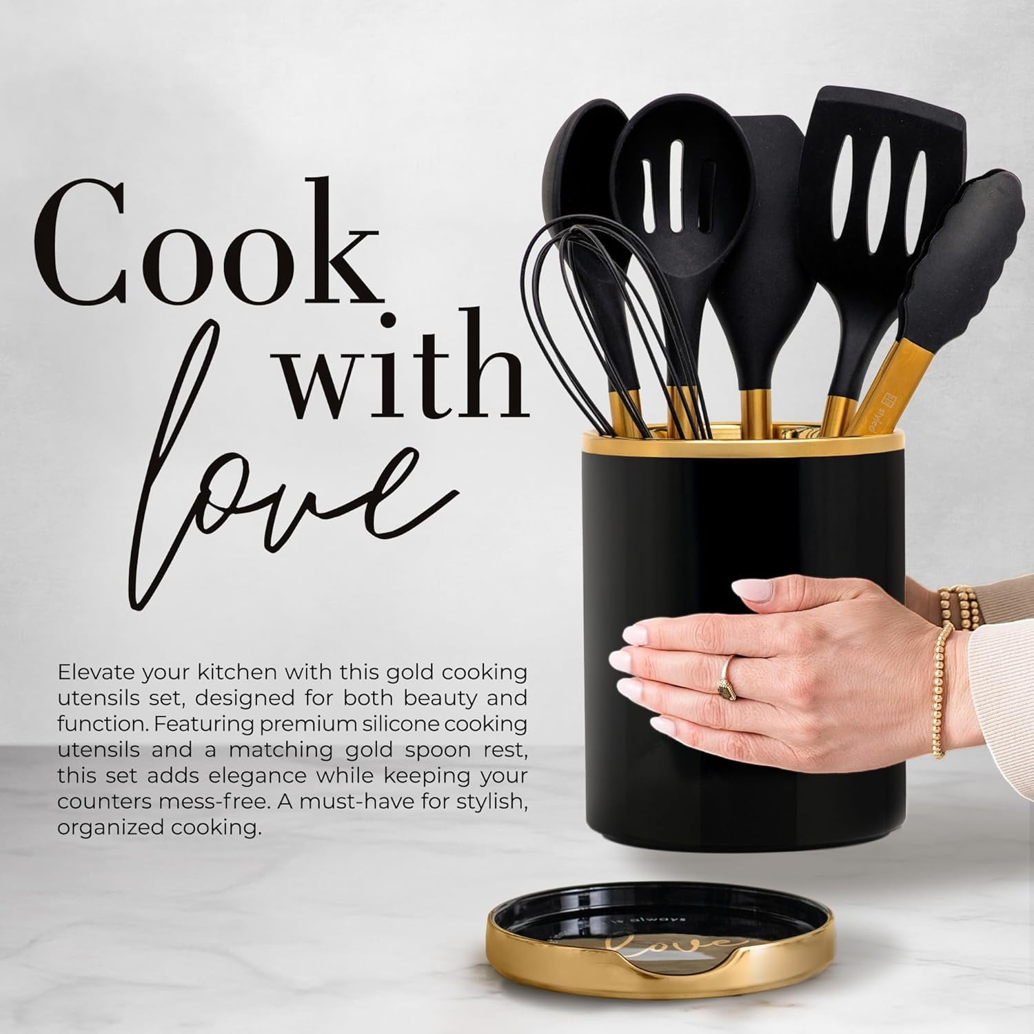 White Silicone and Gold Cooking Utensils Set