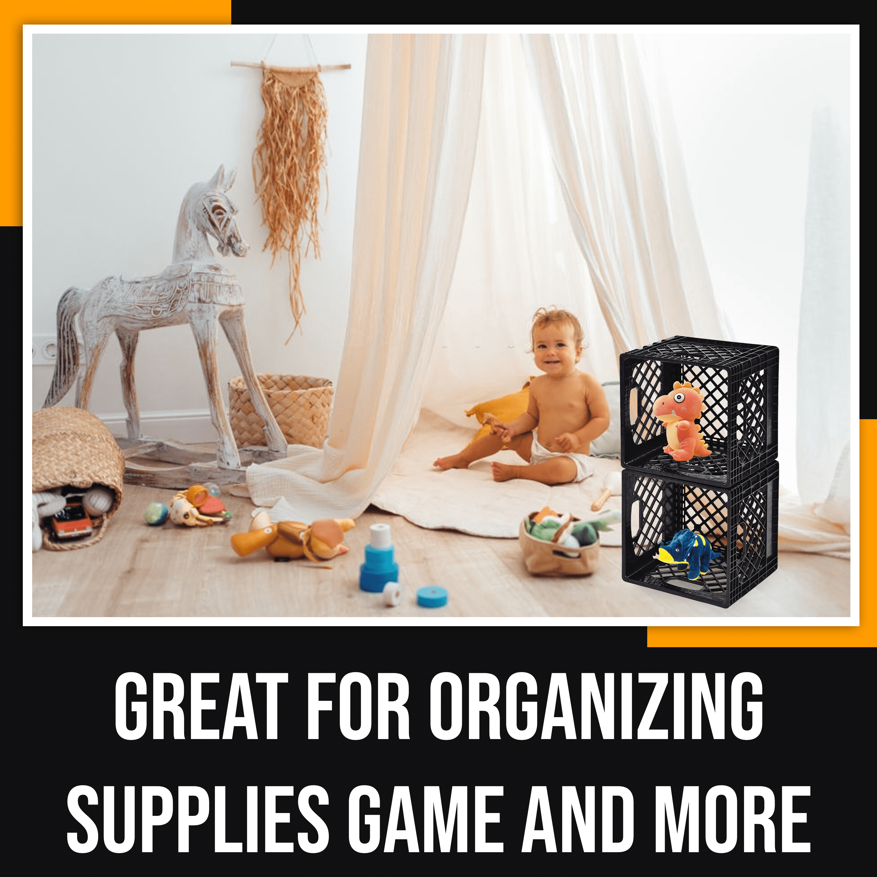 16QT Heavy-Duty Plastic Milk Crate Black with Built-in Handles