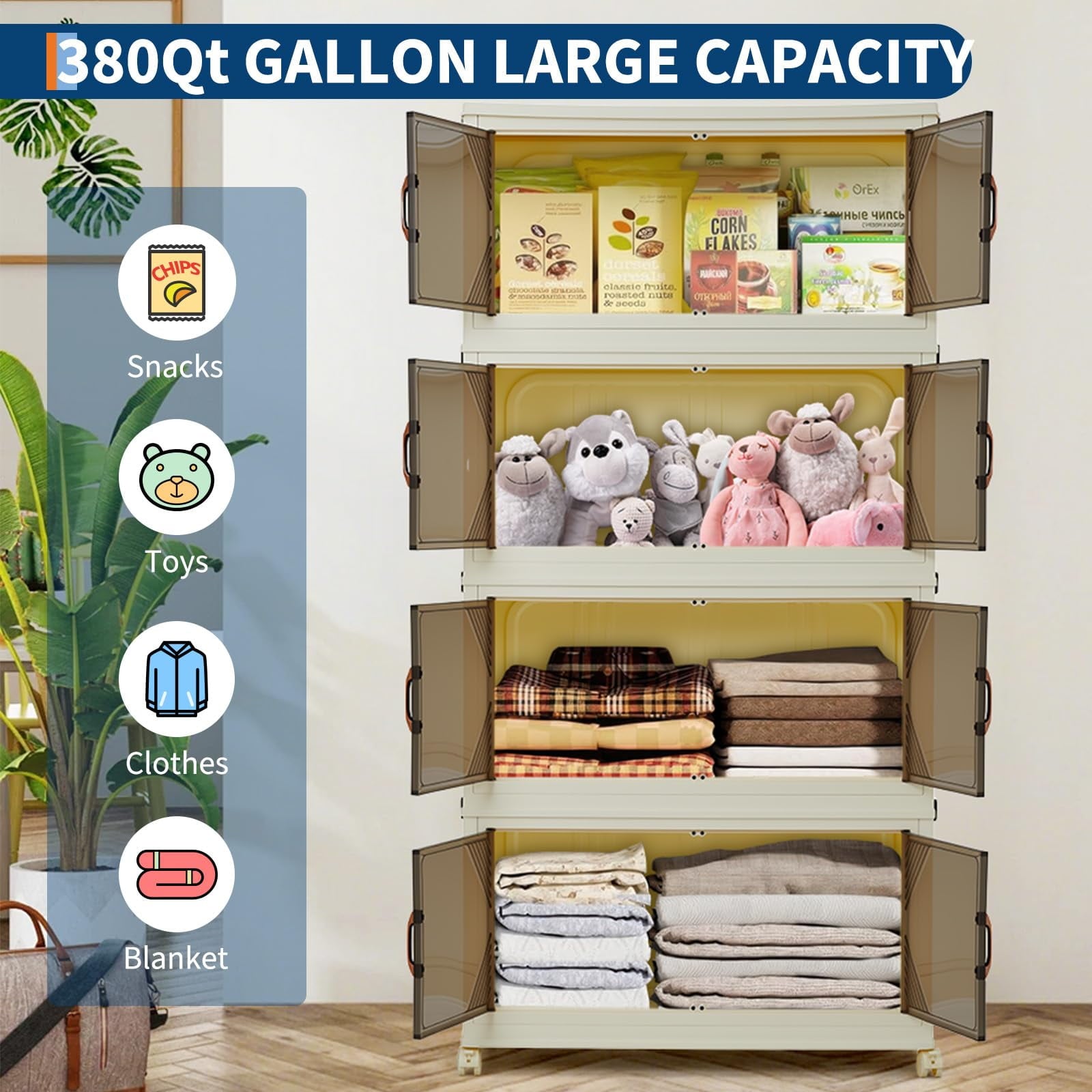 3 Tier Plastic Storage Bins with Lid 48QT, Storage Containers with Wheels, Folding Storage Boxes, with Magnetic Doors for Home,Office, Dorm Room
