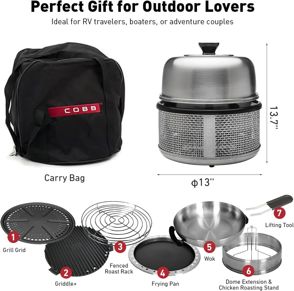 Stainless steel non-smoking portable tabletop charcoal grill with a frying pan, an outdoor barbecue grill with 10 functions, suitable for camping, boats and RVs, is the perfect combination for an outdoor kitchen (fully equipped)