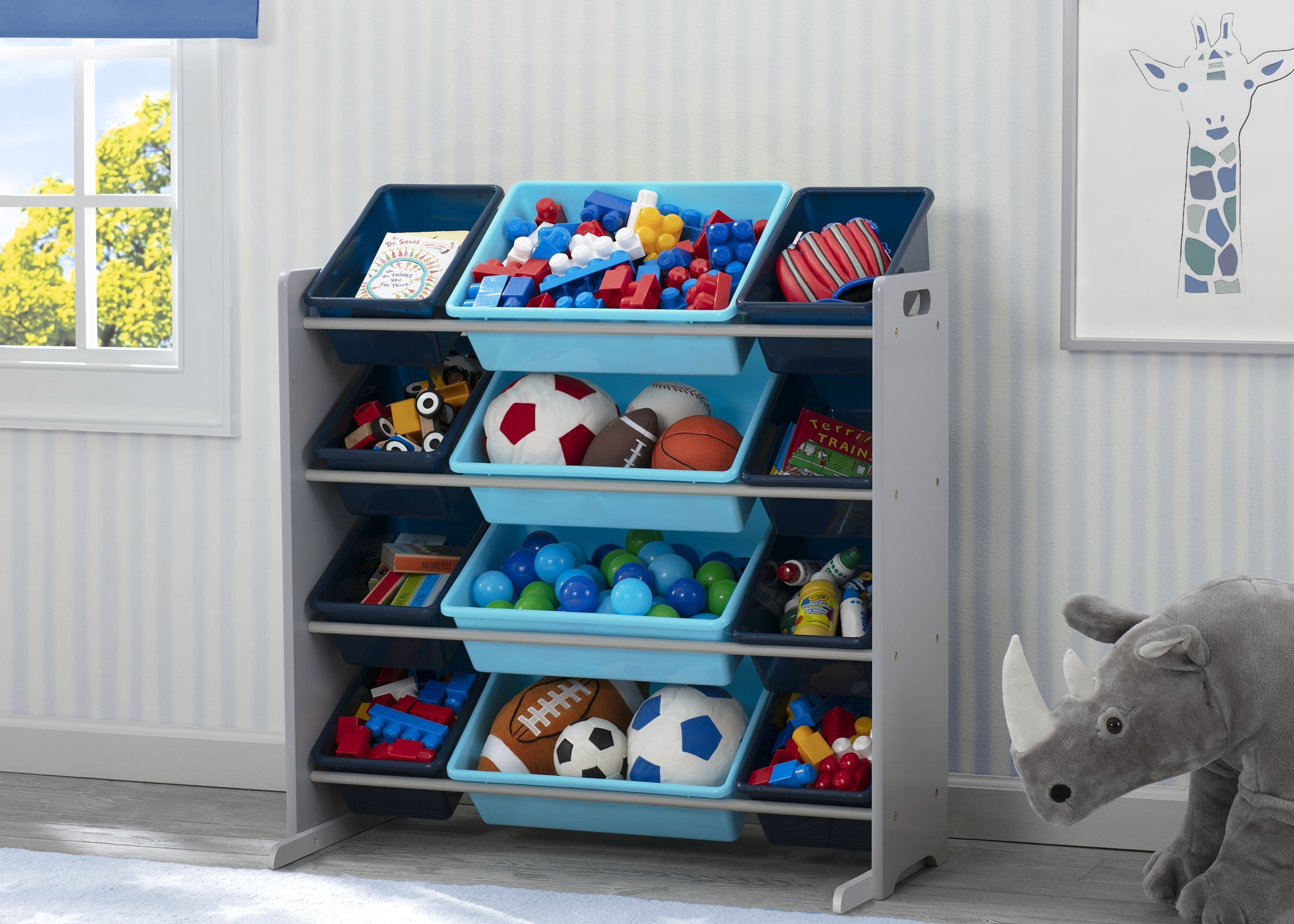 Kids Toy Storage Organizer with 12 Plastic Bins, Greenguard Gold Certified, White/Pink
