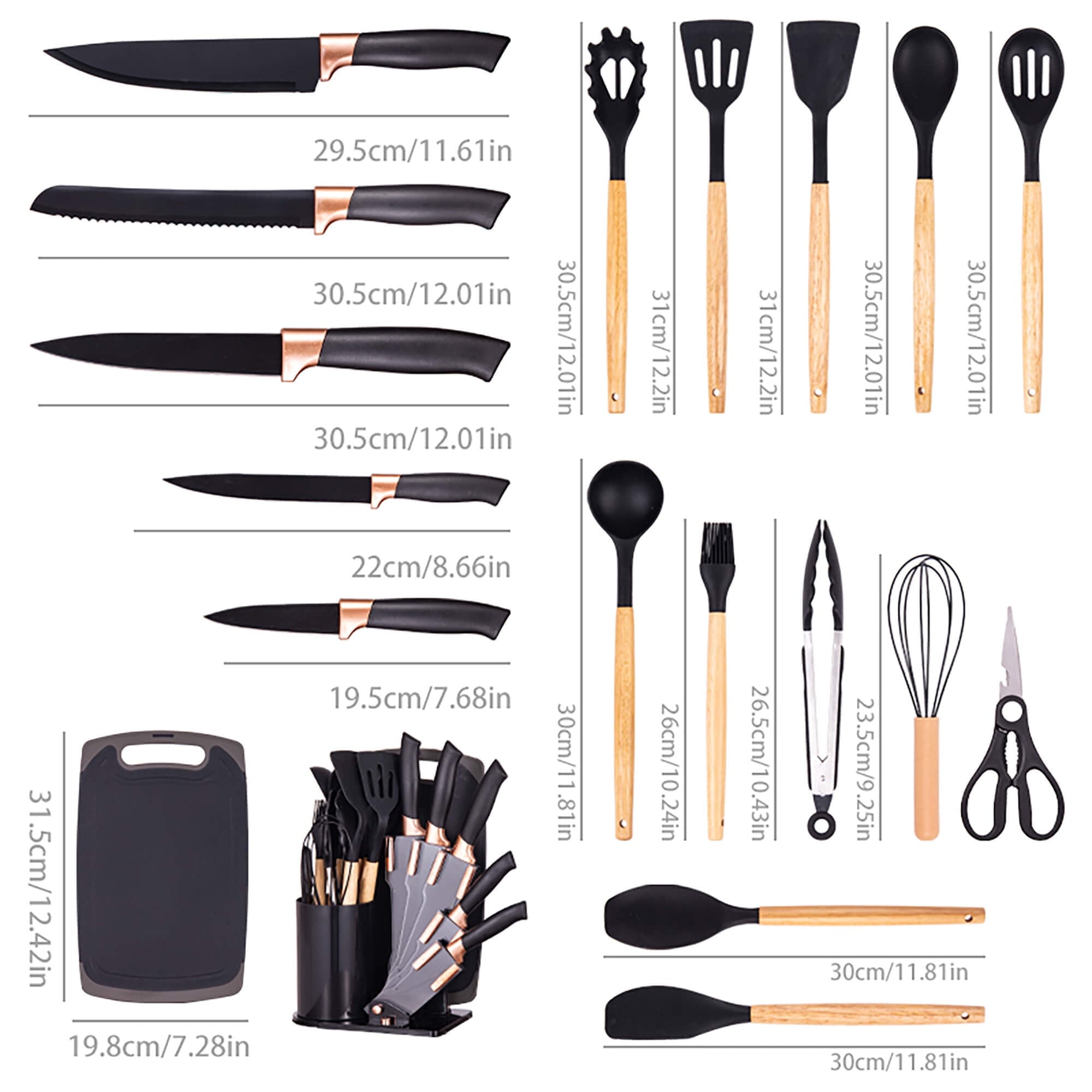 19-Piece Silicone Kitchen Utensil &amp; Knife Set - Heat-Resistant Cooking Tools Non-Stick Safe Gift for Mom or Women Black