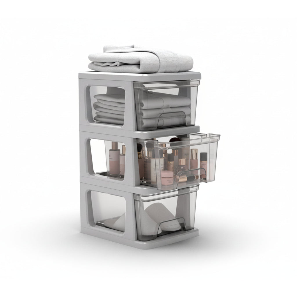 Knock Down Medium Storage Cart with Drawers, Silver Plastic