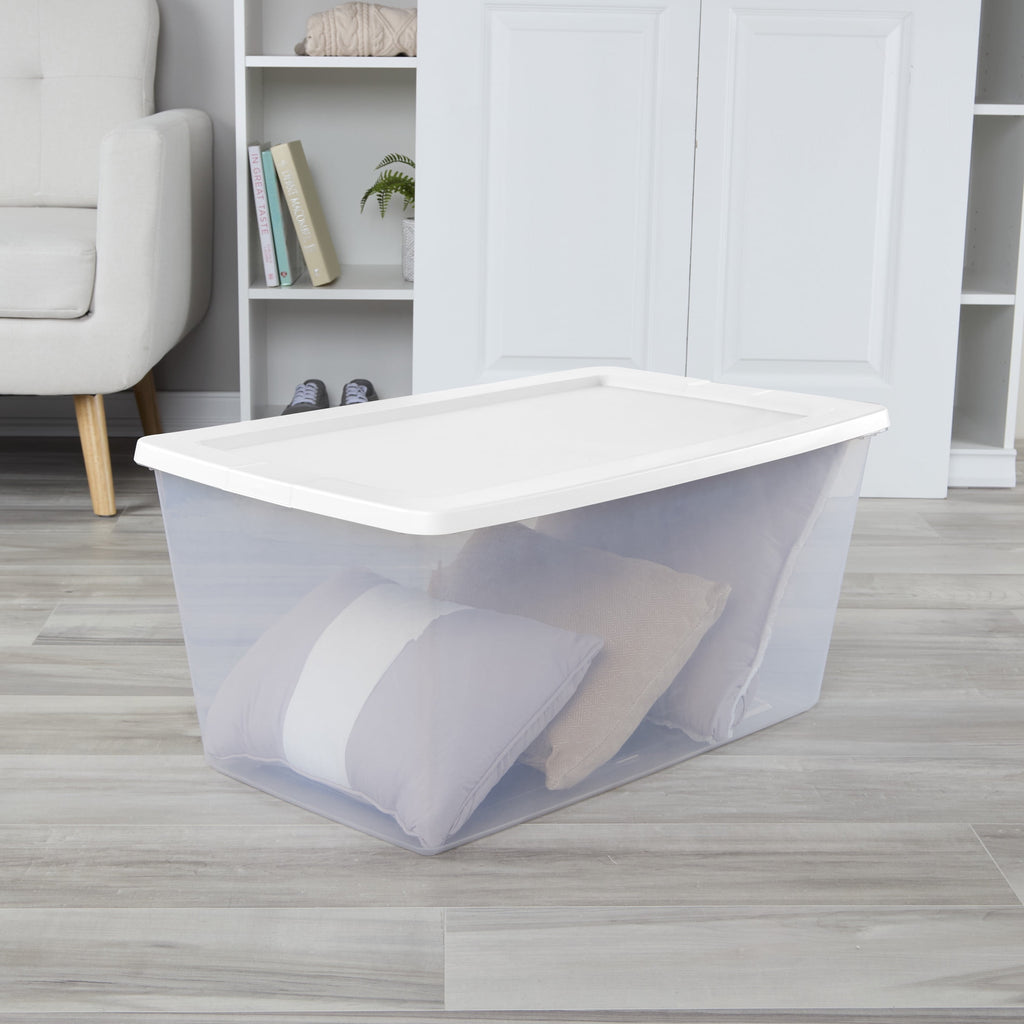 90 Quart Large Storage Bin, Clear Plastic Storage Container with Snap-On Lid, White