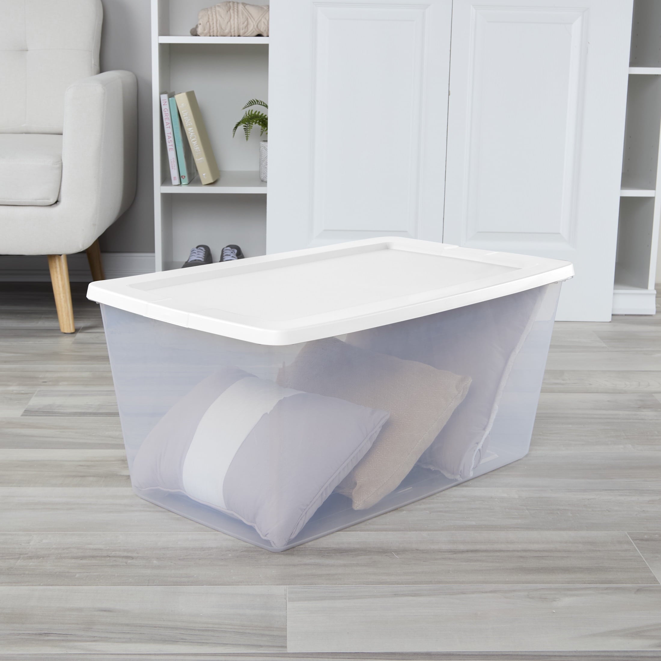 90 Quart Large Storage Bin, Clear Plastic Storage Container with Snap-On Lid, White