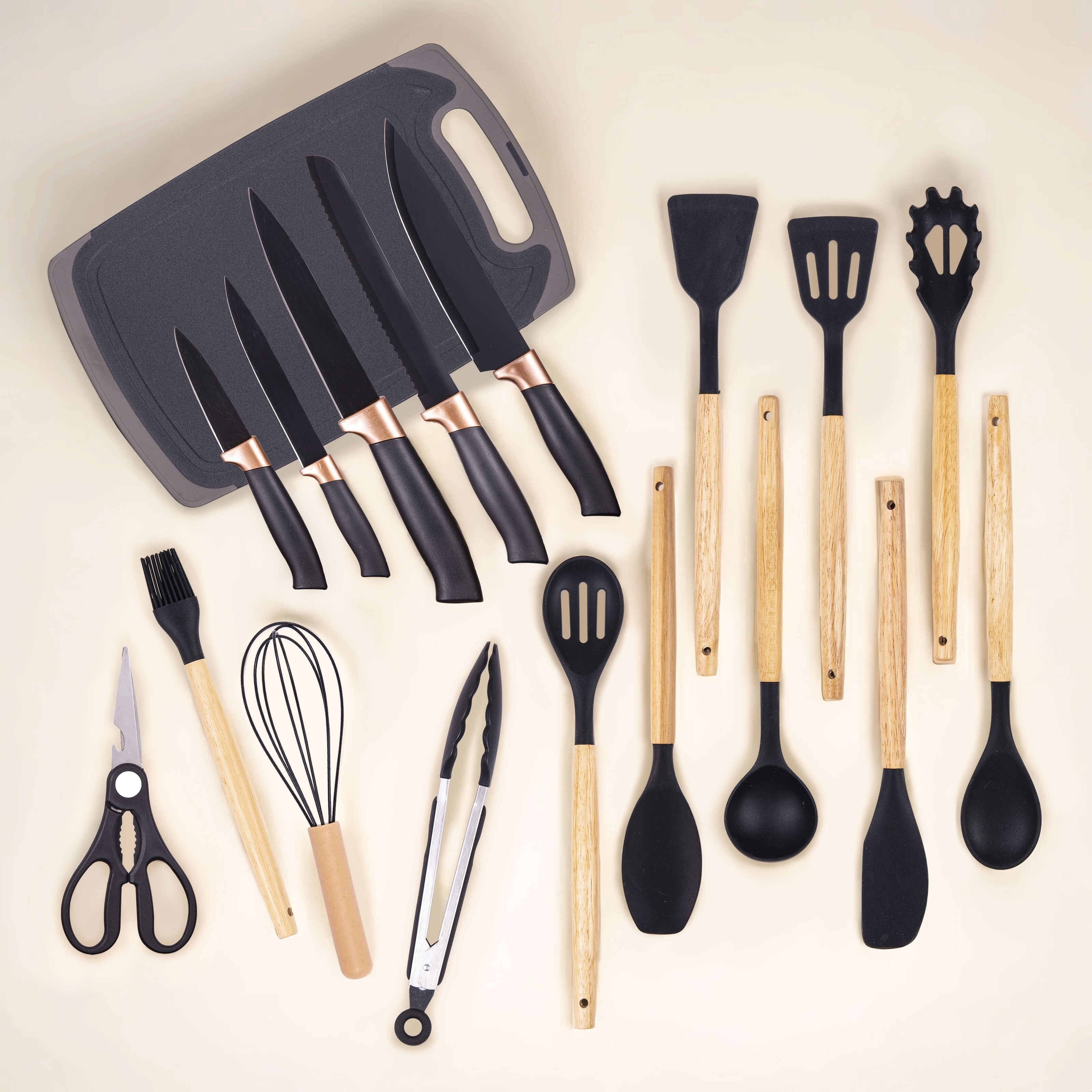 19-Piece Silicone Kitchen Utensil &amp; Knife Set - Heat-Resistant Cooking Tools Non-Stick Safe Gift for Mom or Women Black