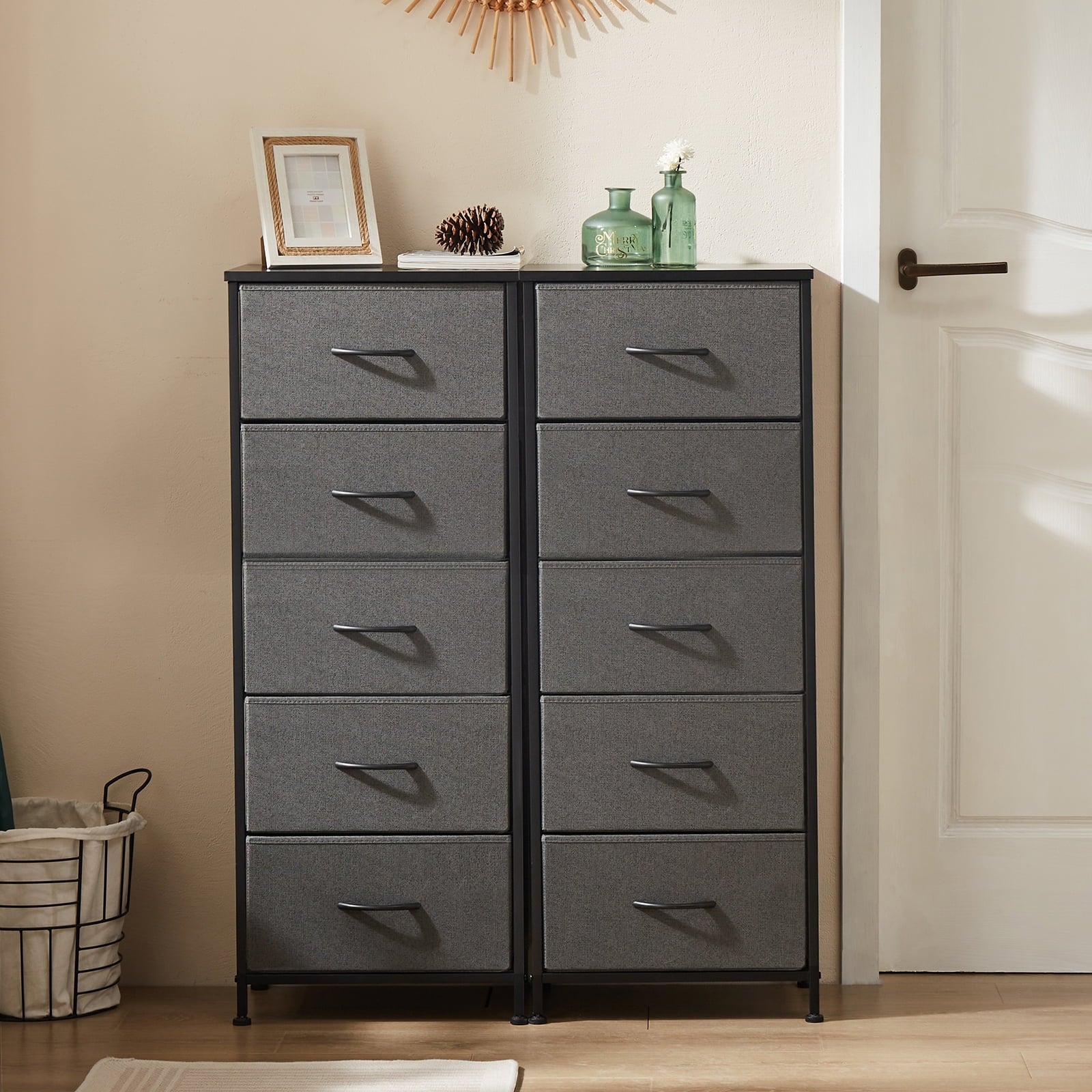 5 Fabric Dresser with 5 Storage Drawers, TV Stand with Wooden Top Metal Frame for Clothes, Living Room, Hallway, Entryway, Rust