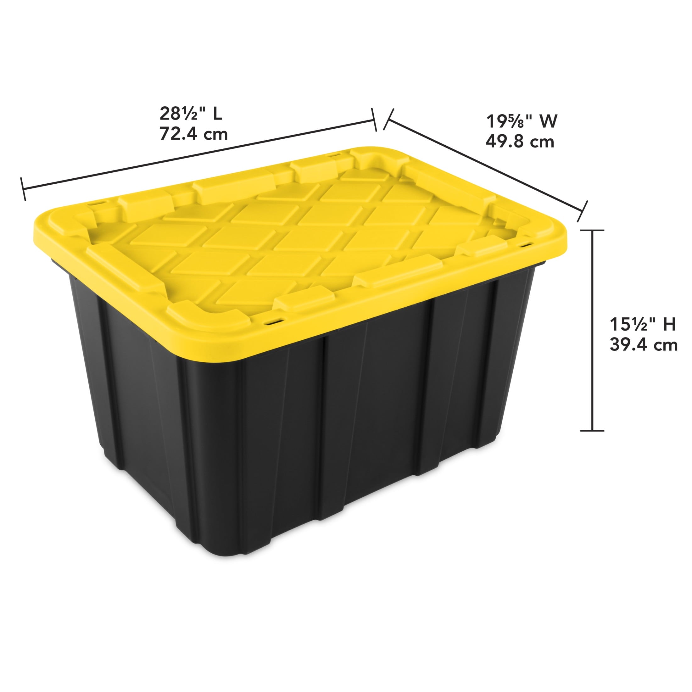 Large Storage Bin, 27 Gallon Plastic Storage Tote with Snap-On Lid, Black and Yellow, 6 Pack