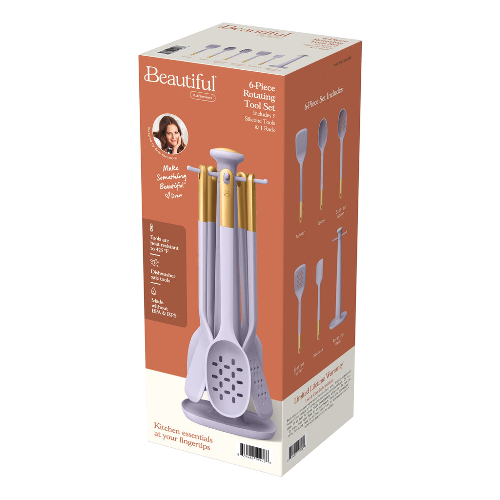 6-Piece Silicone Kitchen Utensil Tool Set with Rotating Rack by Drew Barrymore, Porcini Taupe
