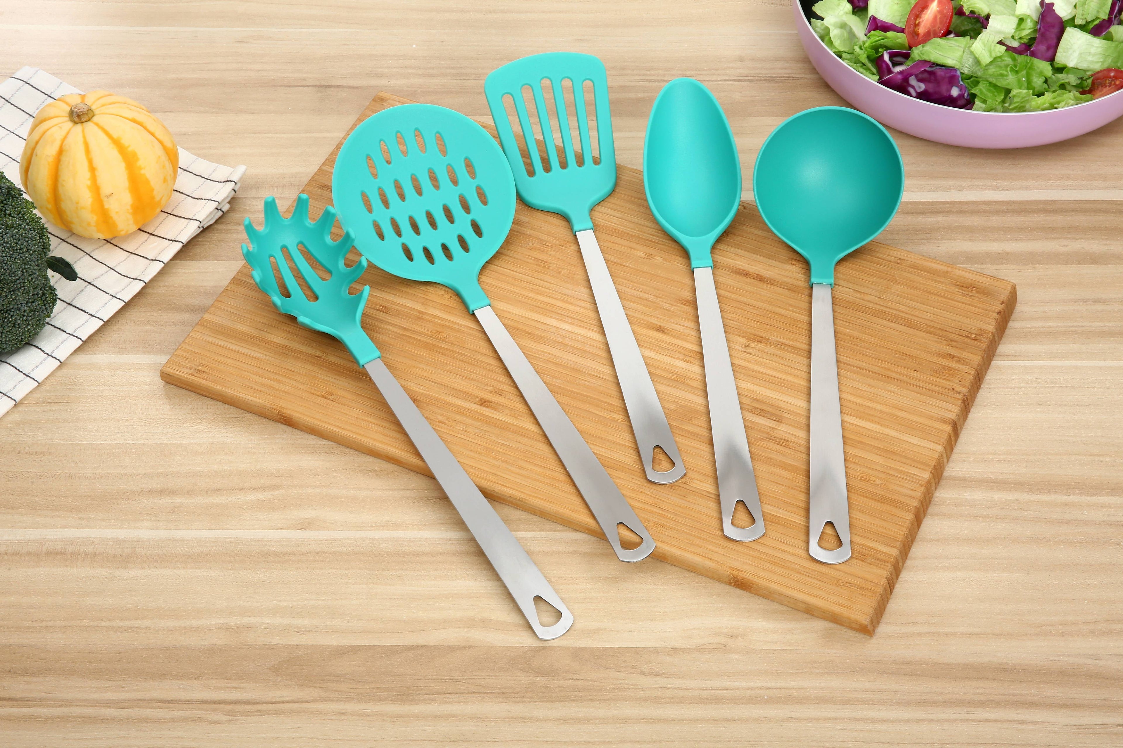 Stainless Steel and Nylon Kitchen and Cooking Utensil Set, Spoon, Spatula, Ladle, Pasta Spoon and Skimmer Assorted Colors