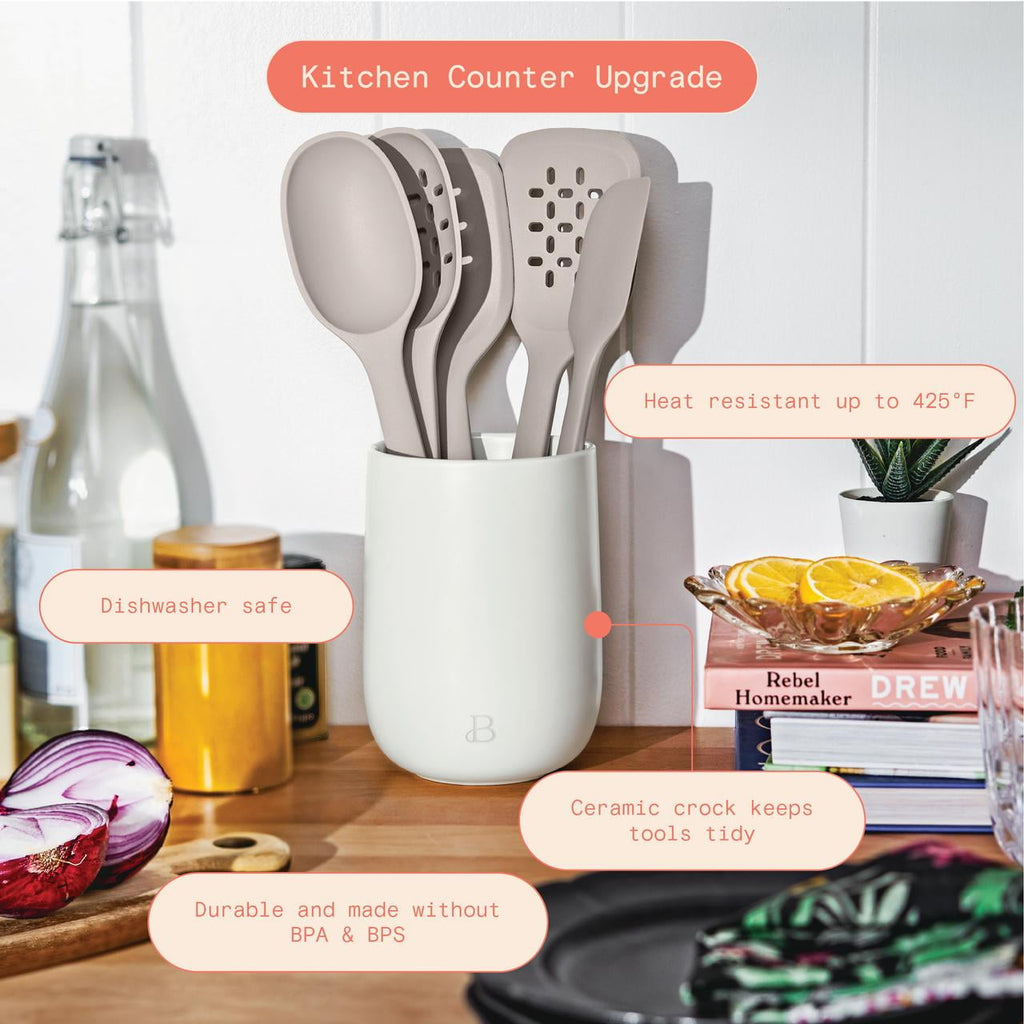 6-Piece Silicone Tool Set with Ceramic Crock, Porcini Taupe by Drew Barrymore