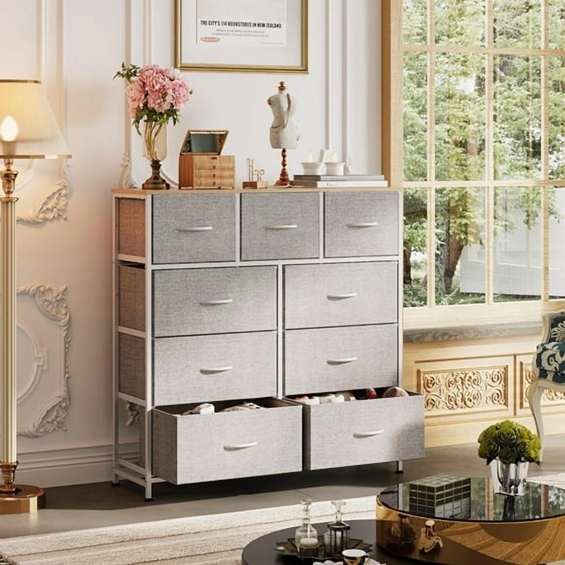 Dresser, Storage Organizer with 9 Drawers for Bedroom, Chest of Drawer with Fabric Bin, Sturdy Metal Frame, Wood Top for Closet, Nursery,Black