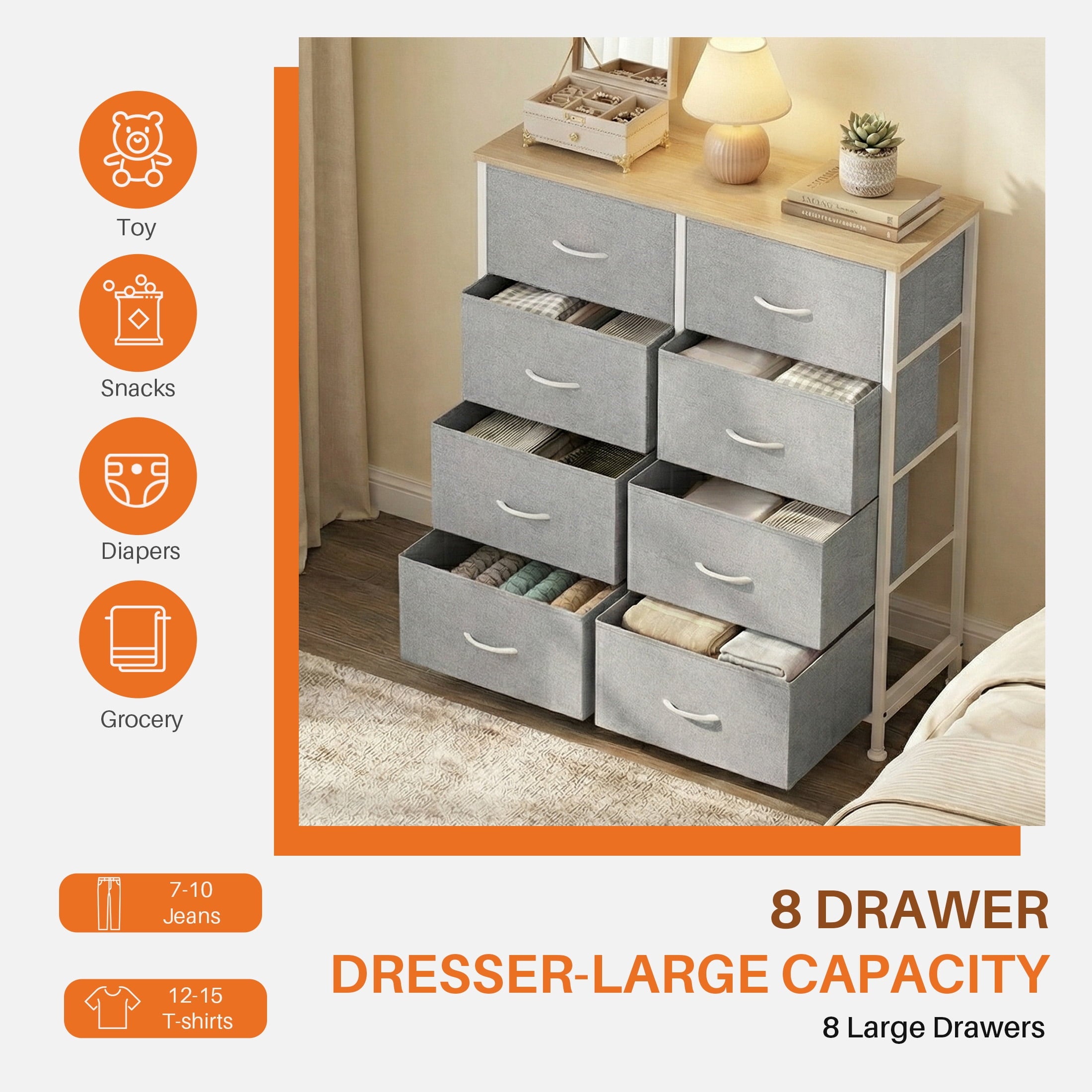 8-Drawer Fabric Dresser Storage Chest for Bedroom, Closet, Entryway, Storage Furniture for Adults, Black
