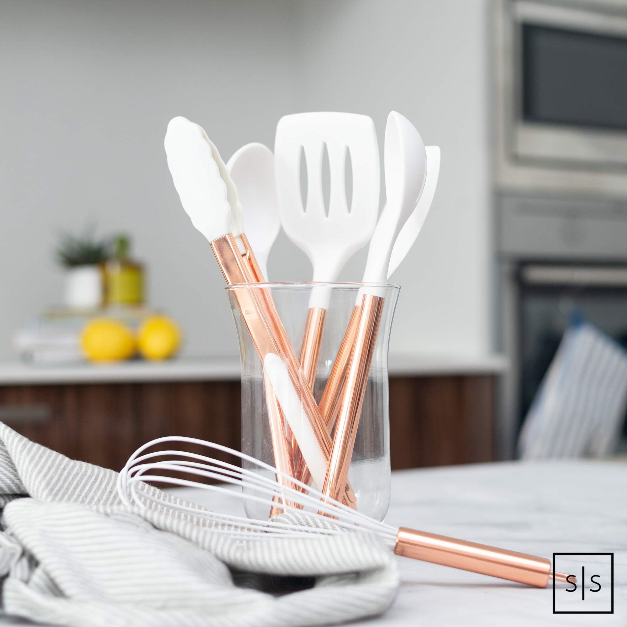 White Silicone and Gold Cooking Utensils Set