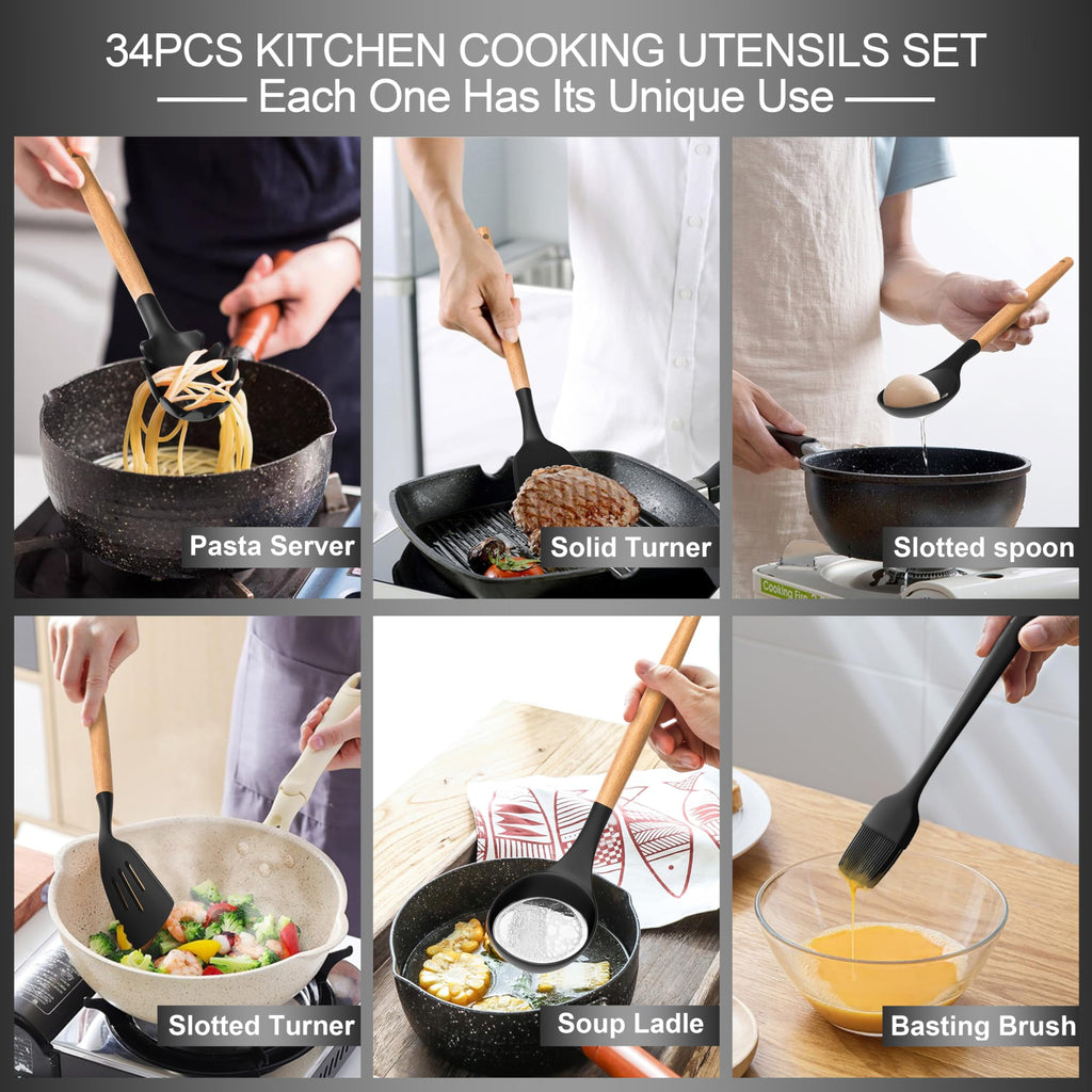 43Pcs Silicone Cooking Utensils Set - 446°F Non-Stick Kitchen Utensils, Kitchen Utensil Gadgets Tools Set for Baking, Cooking, and Mixing, (BPA Free)(Black)