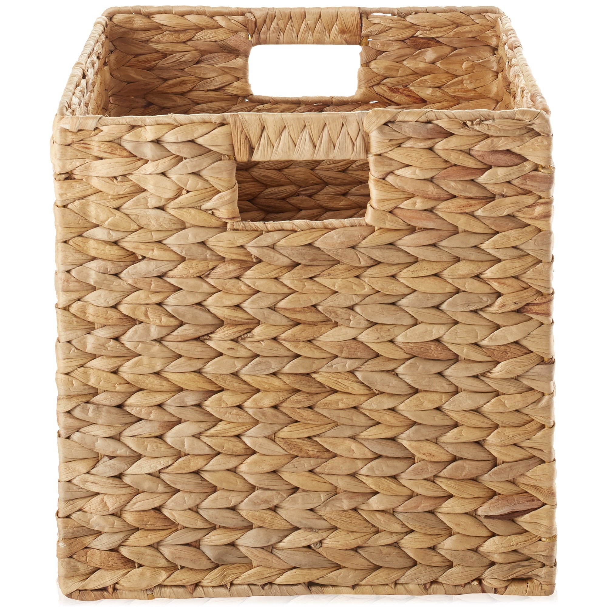 13" x 13" Water Hyacinth Storage Baskets, Natural - Set of 2 Collapsible Cube Organizers, Woven Bins for Bathroom, Bedroom, Laundry, Pantry, Shelves