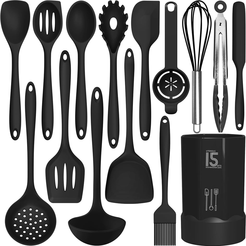 Black Silicone Cooking Utensils Set - 446°F Kitchen Utensils,Turner Tongs,Spatula,Spoon,Brush,Whisk,Kitchen Utensil Gadgets Tools Set for Nonstick Cookware, (BPA Free)