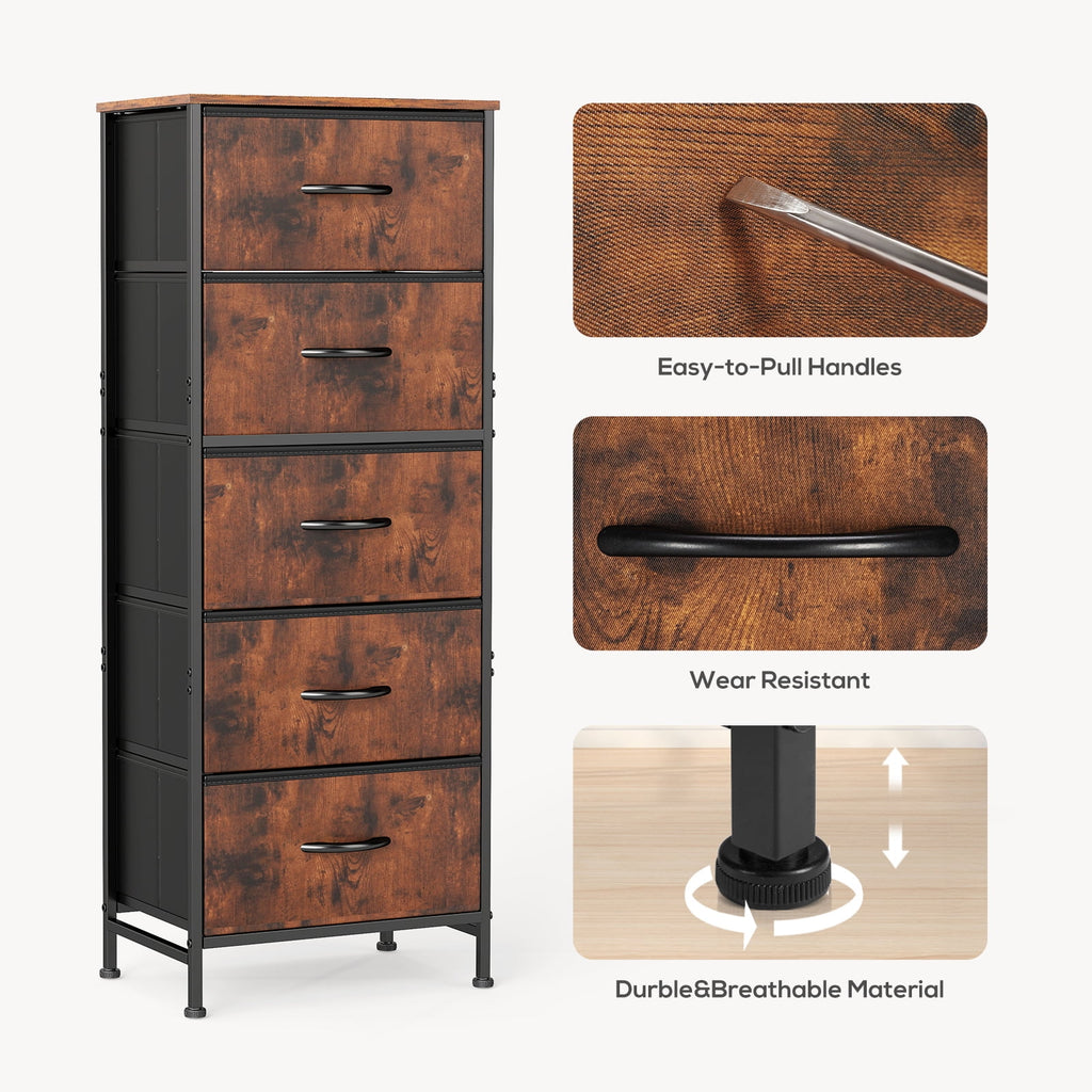 5 Fabric Dresser with 5 Storage Drawers, TV Stand with Wooden Top Metal Frame for Clothes, Living Room, Hallway, Entryway, Rust