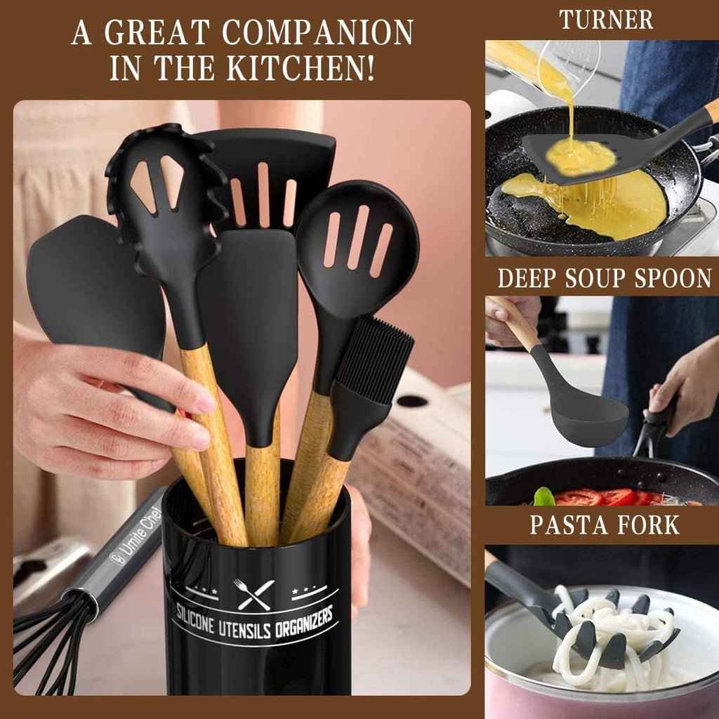 Kitchen Cooking Utensils Set, 33 pcs Non-stick Silicone Cooking Kitchen Utensils Spatula Set with Holder, Wooden Handle Silicone Kitchen Gadgets Utensil Set (Cream White)