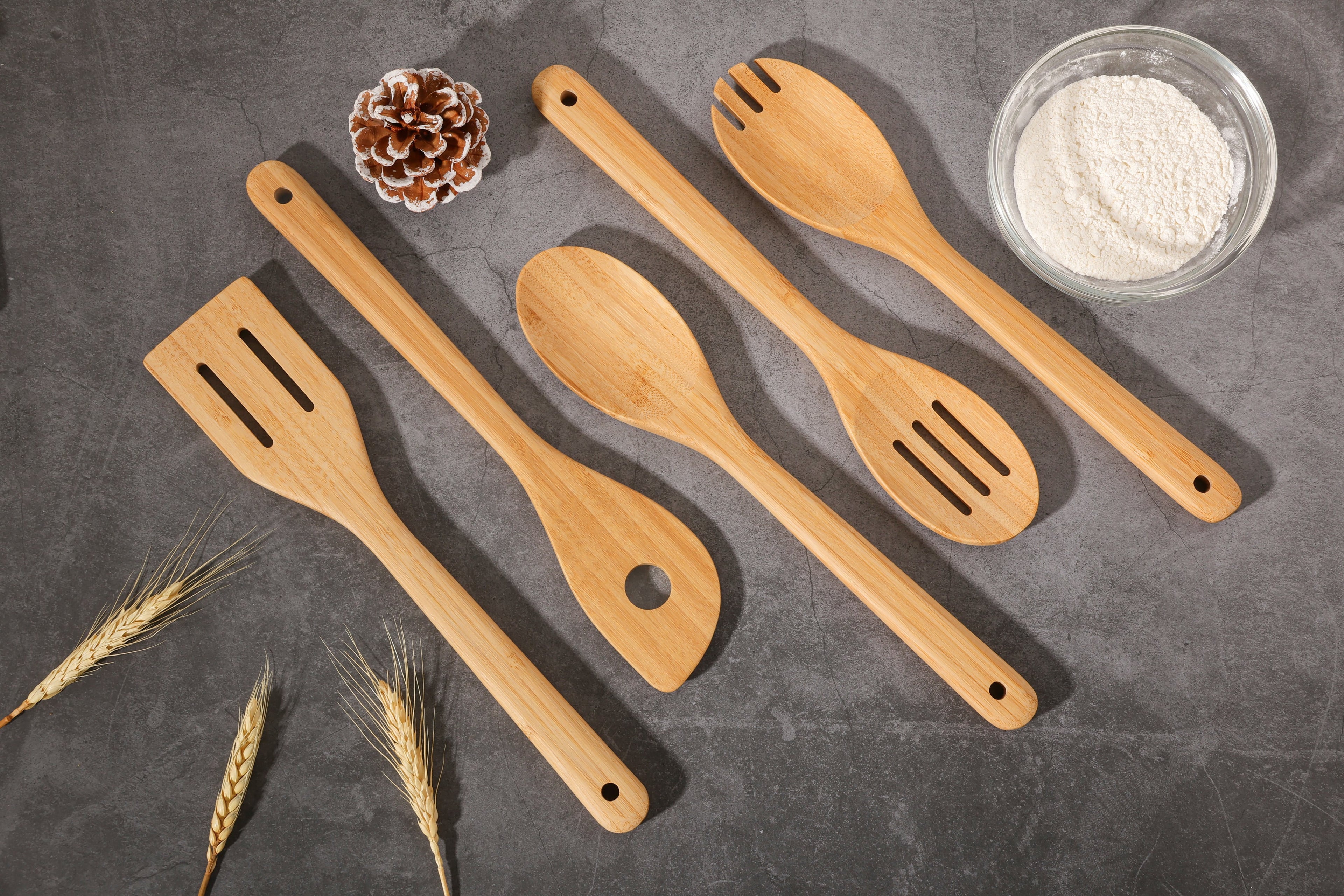 5pk Bamboo Spoons for Cooking, Kitchen Essential Tools Set
