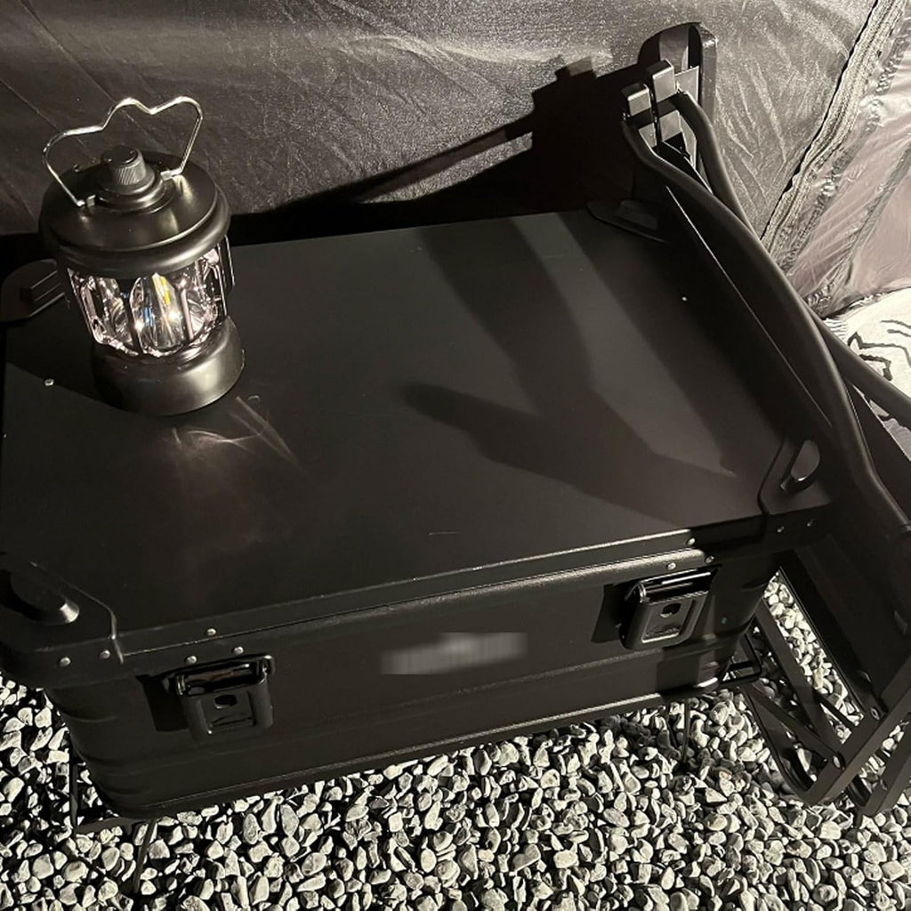 Camping box - Waterproof outdoor metal storage box, 47 liters, portable RV box, equipped with a wooden table and a set of 3 storage bags, large capacity storage box