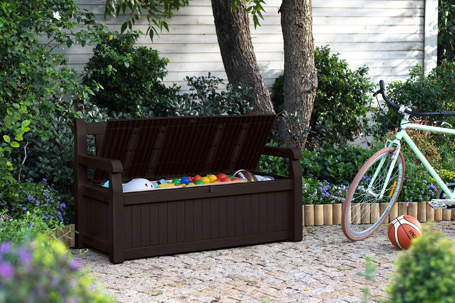 70 Gallon Storage Bench Deck Box for Patio Furniture, Front Porch Decor and Outdoor Seating �� Perfect to Store Garden Tools and Pool Toys, Brown