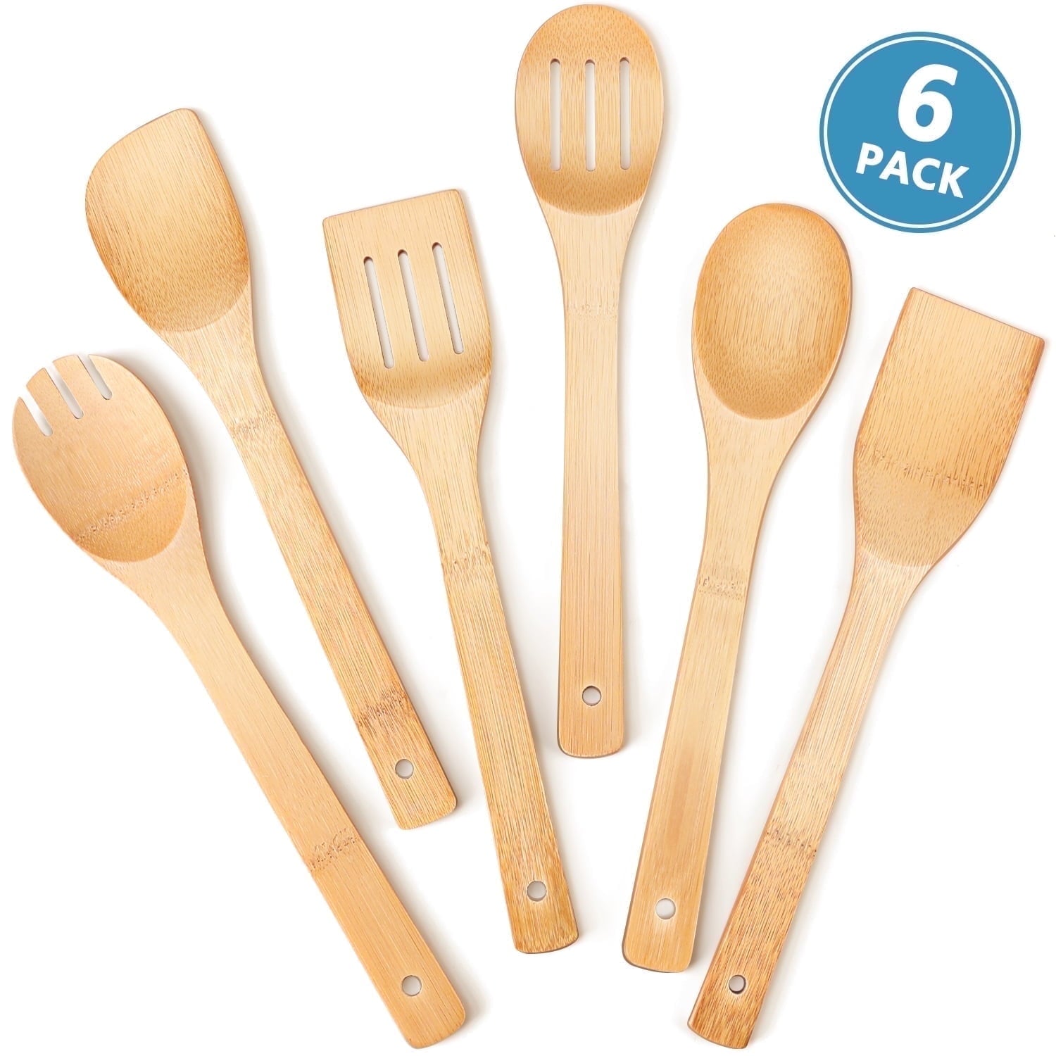 Wooden Spoons for Cooking, 6Pcs Banboo Spatula Spoon Tongs Utensils Set for Kitchen Cookware